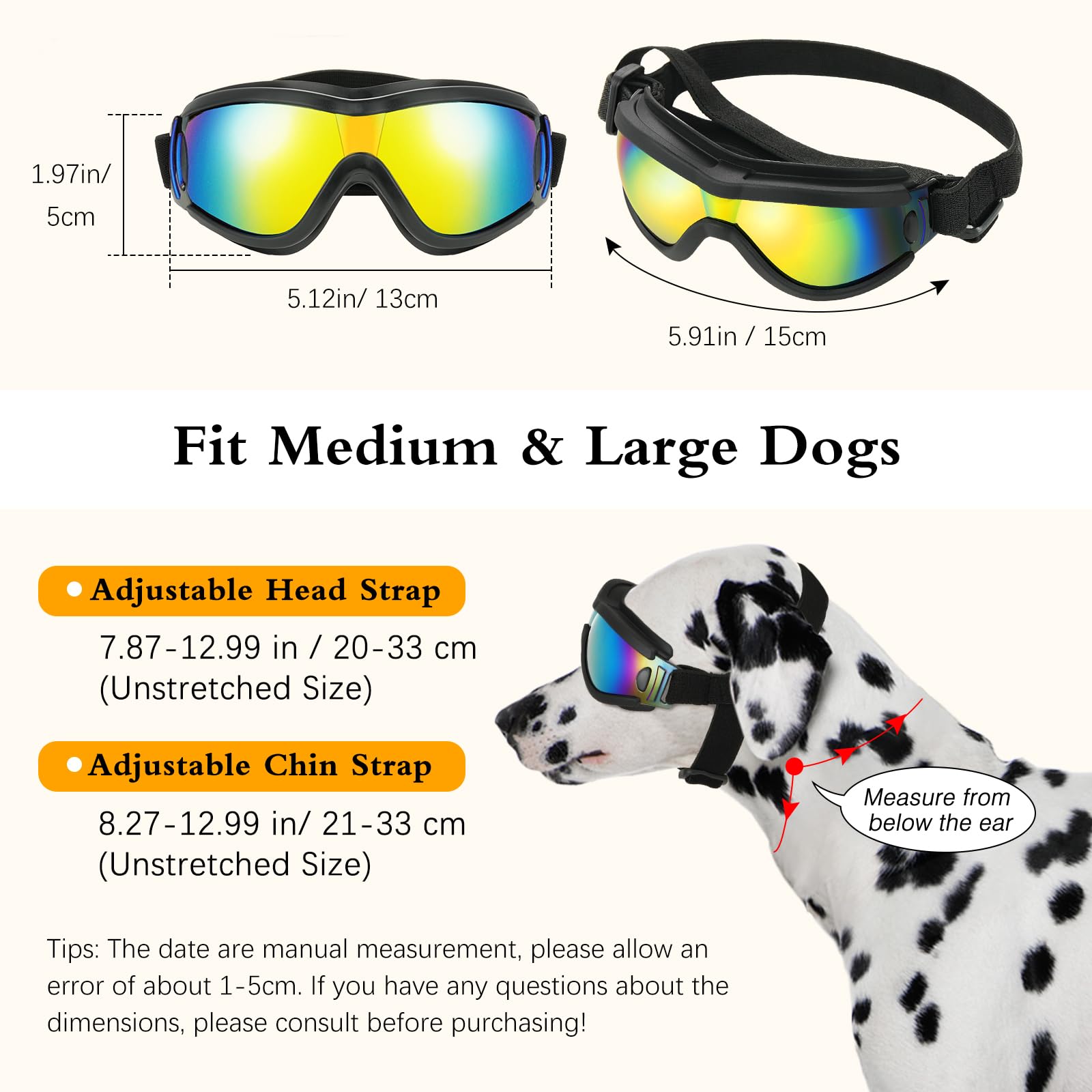 Lewondr Dog Goggles Medium Breed, Dog Sunglasses With Adjustable Straps & Air Vents, Uv/Wind/Dust/Fog/Snow Proof Dog Eye Protect
