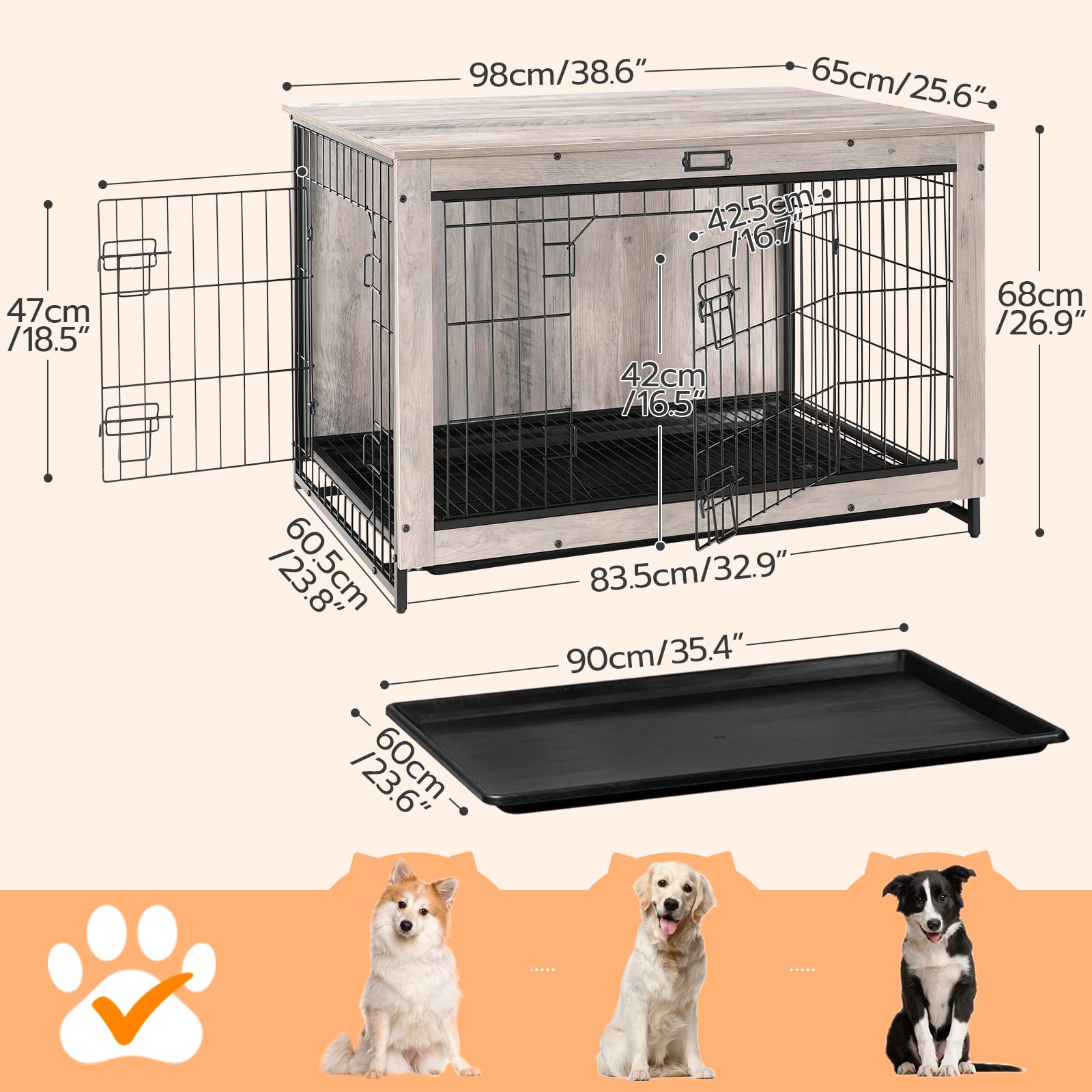 HOOBRO Dog Crate Furniture, Large Wooden Kennel 38.6”L, Greige, with Pull-Out Tray and Double Doors for Dogs, Model BG982GW03