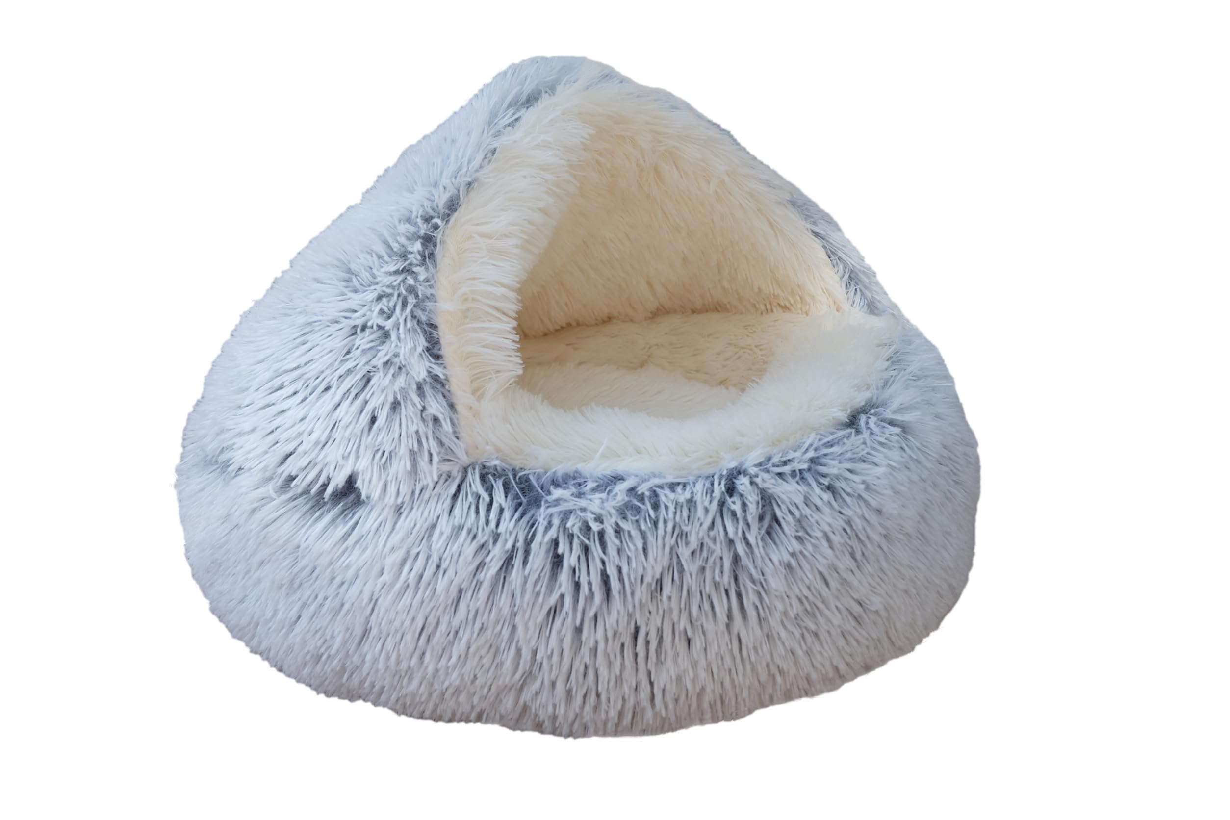 Zanesun Calming Round Dog Bed & Cat Cave With Hooded Cover, Plush Fluffy Anti-Anxiety Bed, Waterproof Bottom Washable (Grey, 20X