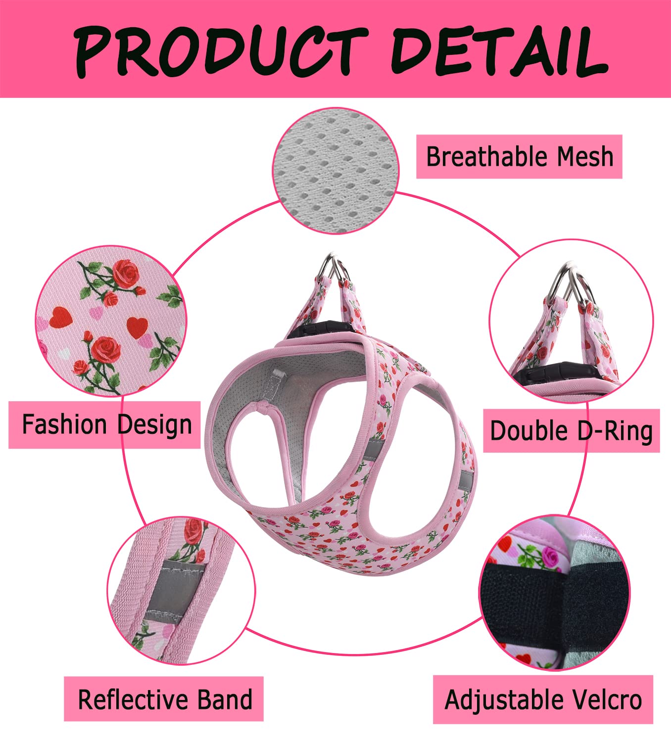 Moonpet Step In Valentine'S Day Dog Harness Leash Set- All Weather Reflective No-Pull Floral Pattern Padded Mesh Vest Harness Fo