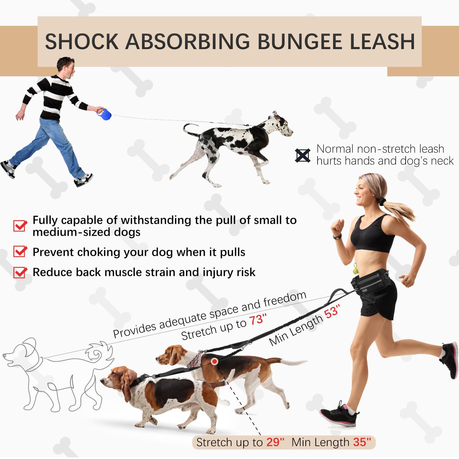 Hands-Free Waist Leash With Pouch For Two Dogs,Reflective Stitching, Dual Handle & Bungee Retractable Design - Ideal For Medium