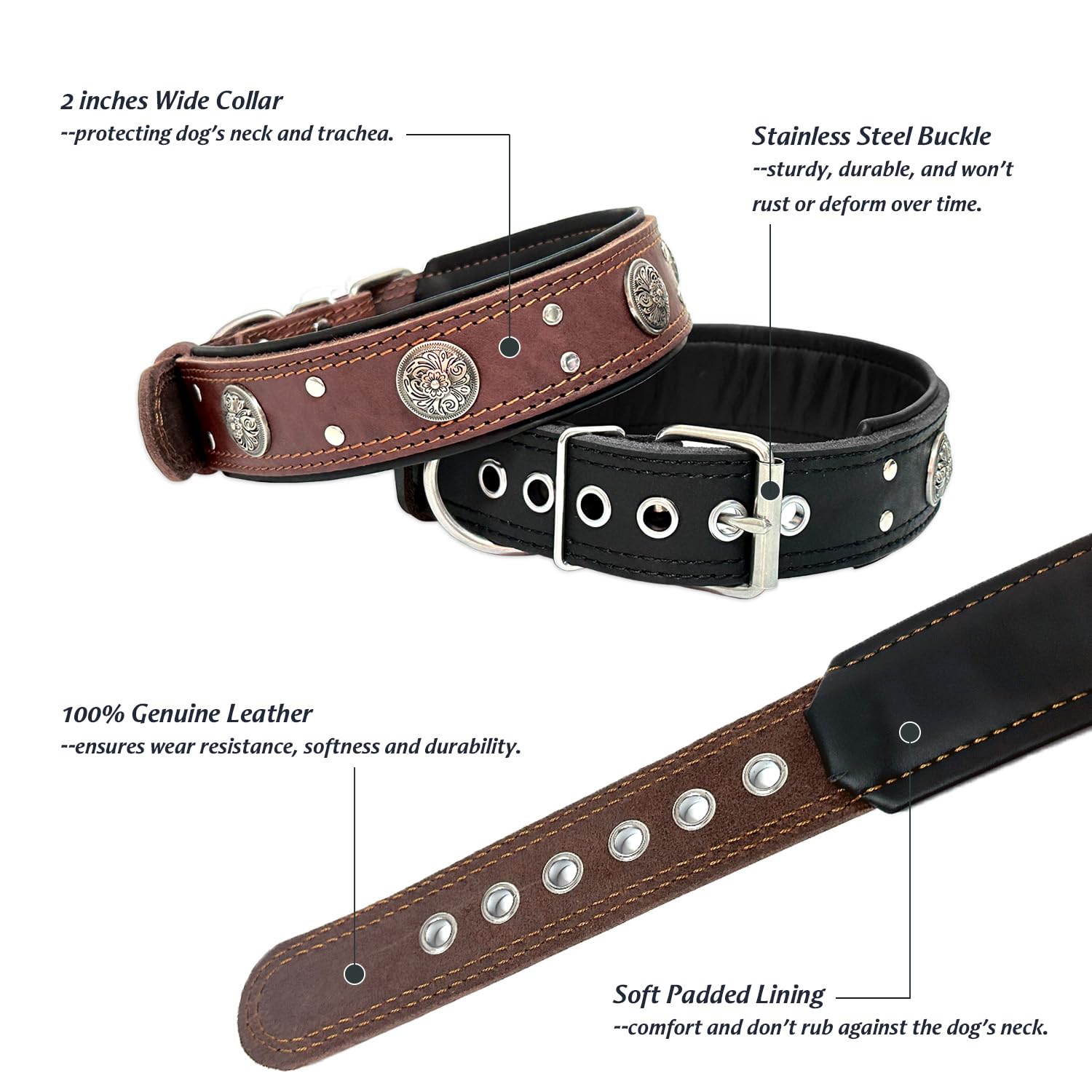 Leather Dog Collar For Large Medium Dogs, Heavy Duty 2 Inches Wide Dog Collars, Thick, Strong, Luxury And Studded Collar For Dog