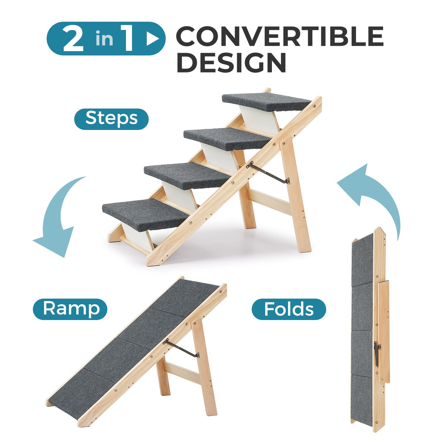 Sweetbin Wood Pet Stairs/Pet Steps For All Dogs And Cats - 2-In-1 Foldable Carpeted 3 Tiers Dog Stairs & Ramp Perfect For Beds And Cars - Portable Dog/Cat Ladder Up To 150 Pounds