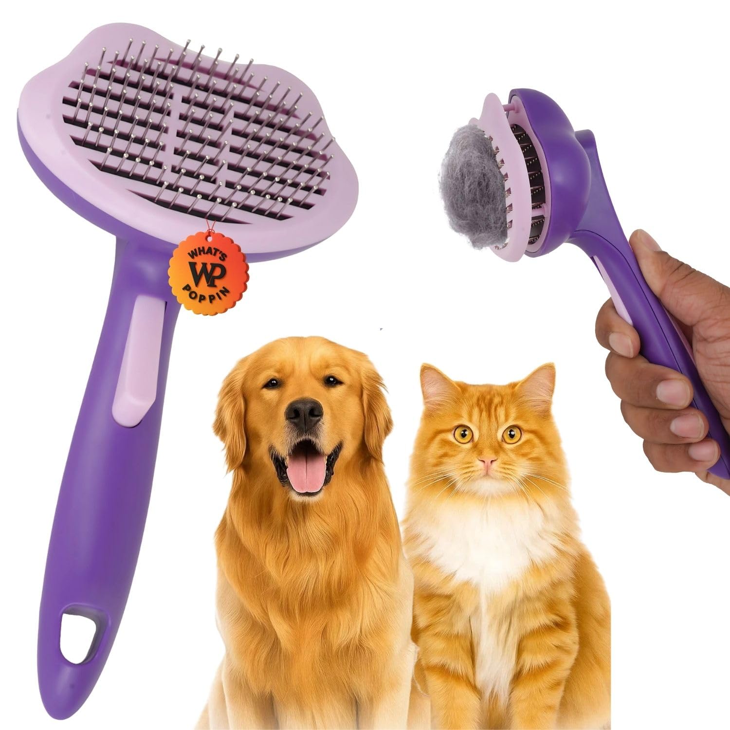 WhatS Poppin SelfCleaning Cat Ear Shape Grooming Brush For Dogs & Cats | Stainless Steel Bristles | Press Button Hair Removal 