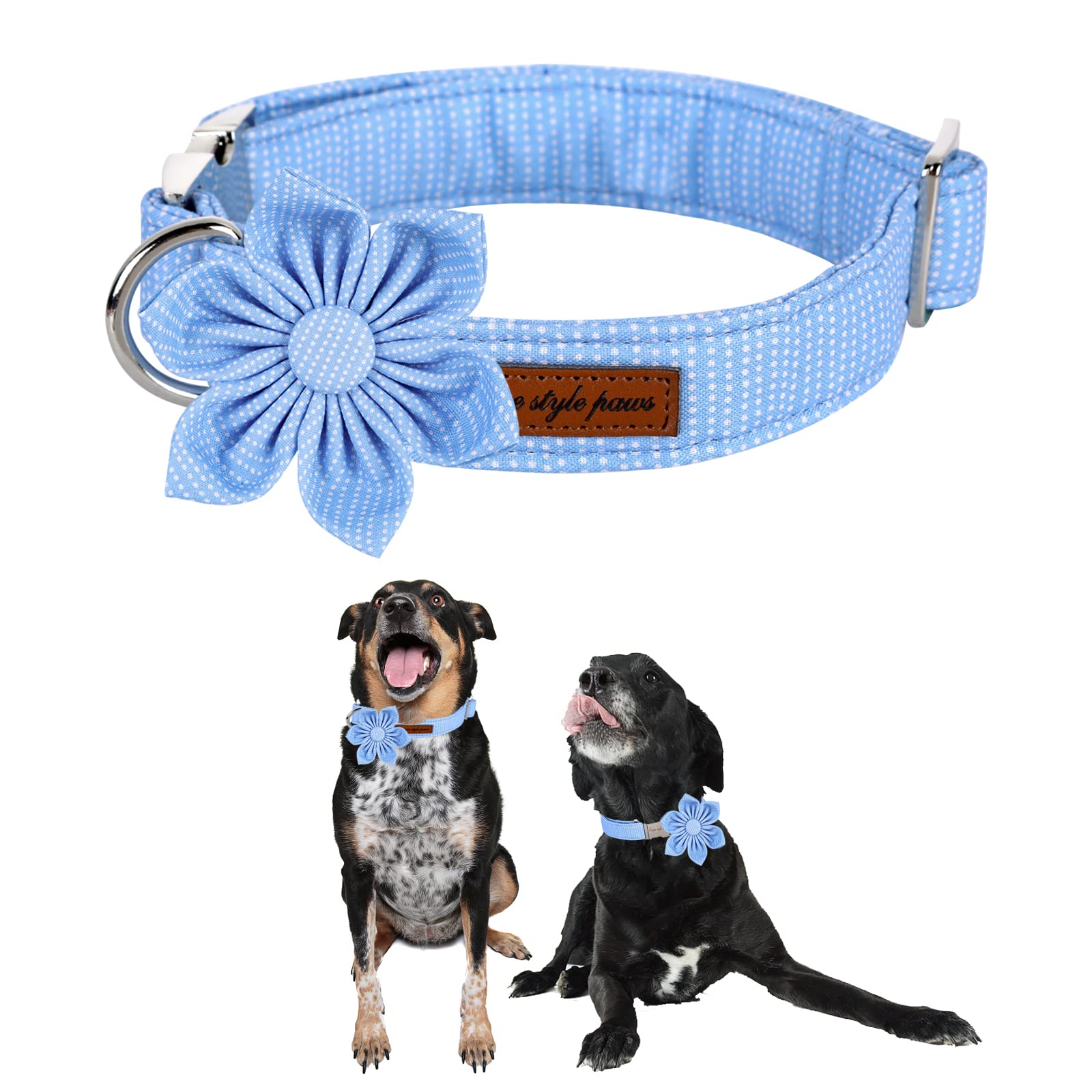 Unique Style Paws Dog Collar With Flower Tie Blue Dot Summer Dog Collar For Small Medium Large Dogs With Adjustable Metal Buckle -Xl