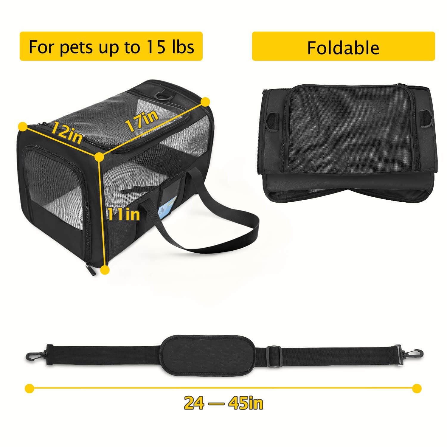 Refrze Pet Carrier - Airline Approved Soft Carrier for Medium Cats & Small Dogs, Black, 15 lbs Capacity, TSA Compliant, Polyester