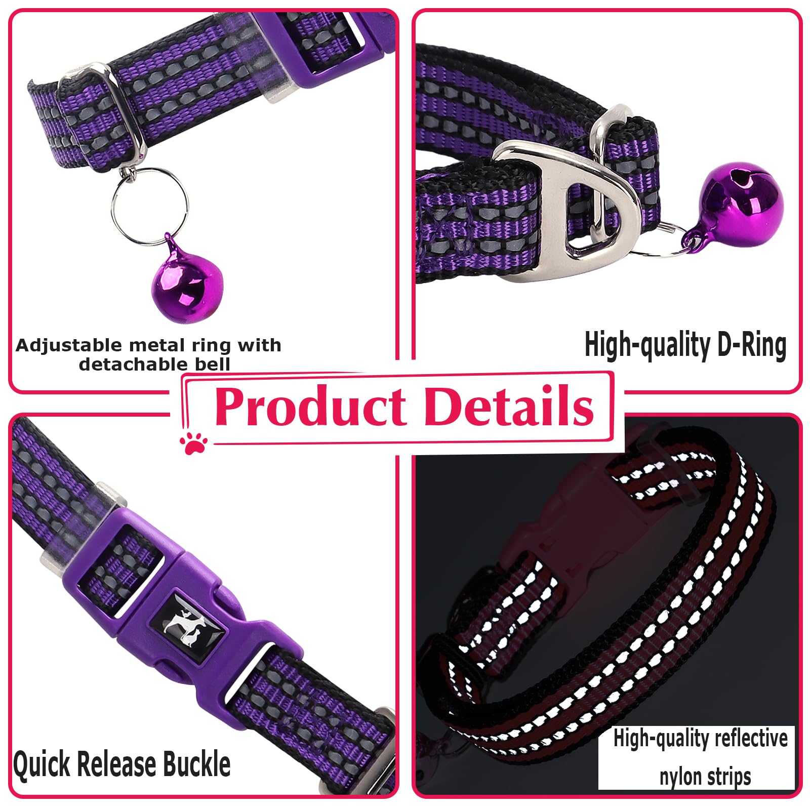 Puppy Collar With Bell - Reflective Adjustable Nylon Dog Collar For Small Dogs, Night Safety Collar For Chihuahua, Pomeranian -P