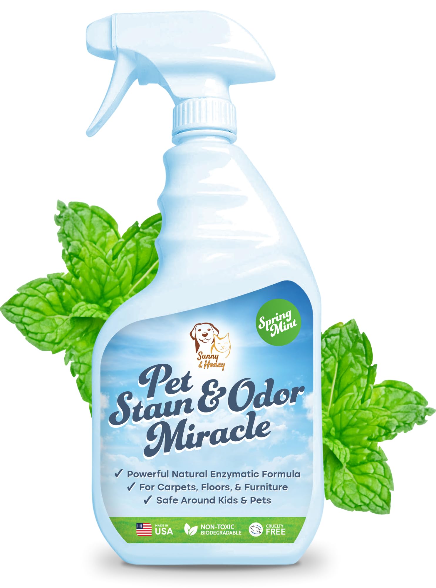 Sunny & Honey Pet Stain & Odor Miracle - Enzyme Cleaner For Dog Urine Cat Pee Feces Vomit, Enzymatic Solution Cleans Carpet Rug Car Upholstery Couch Mattress Furniture, Stain Eliminator (32Fl Oz)
