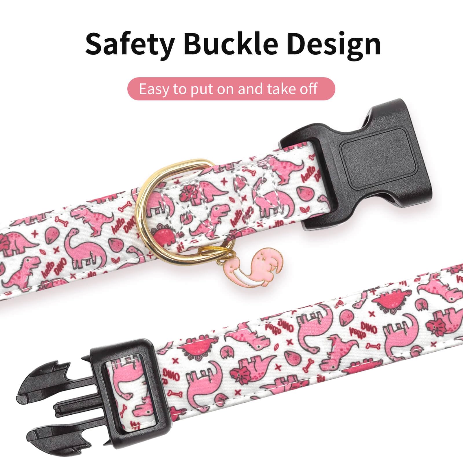 Gelwoo Cotton Dog Collar,Soft and Cute Puppy Collars with Pink Dinosaur Patterned Design for Girl Female Boy Dogs,Adjustable Buc