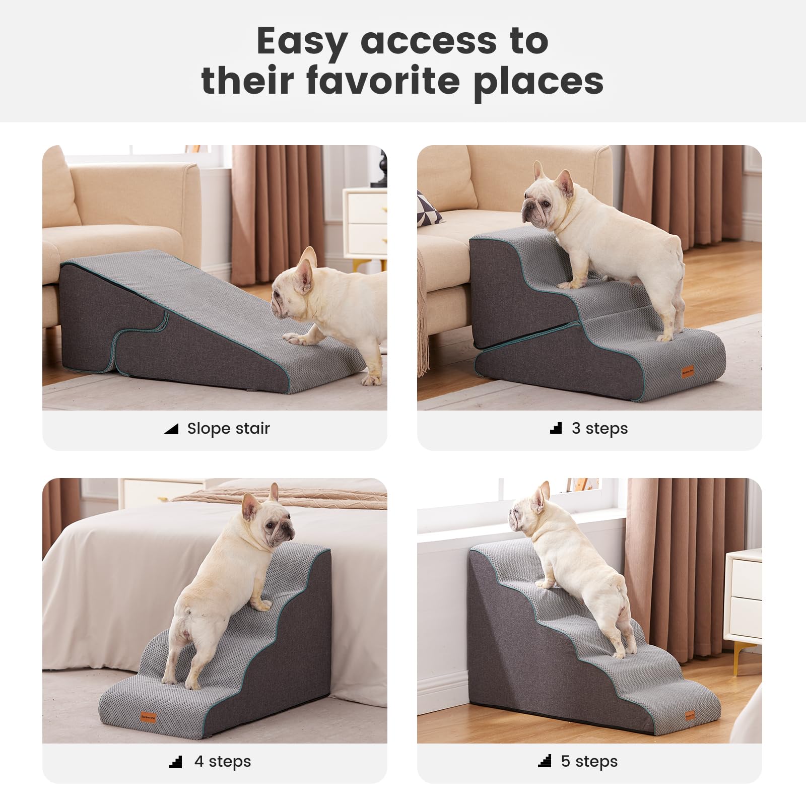 Gardner Pet Dog Stairs for Small Dogs 16.5 '' H, 2 in 1 Transformable 3-Step Pet Stairs and ramp, Dog Steps for Couch (13-20 in)