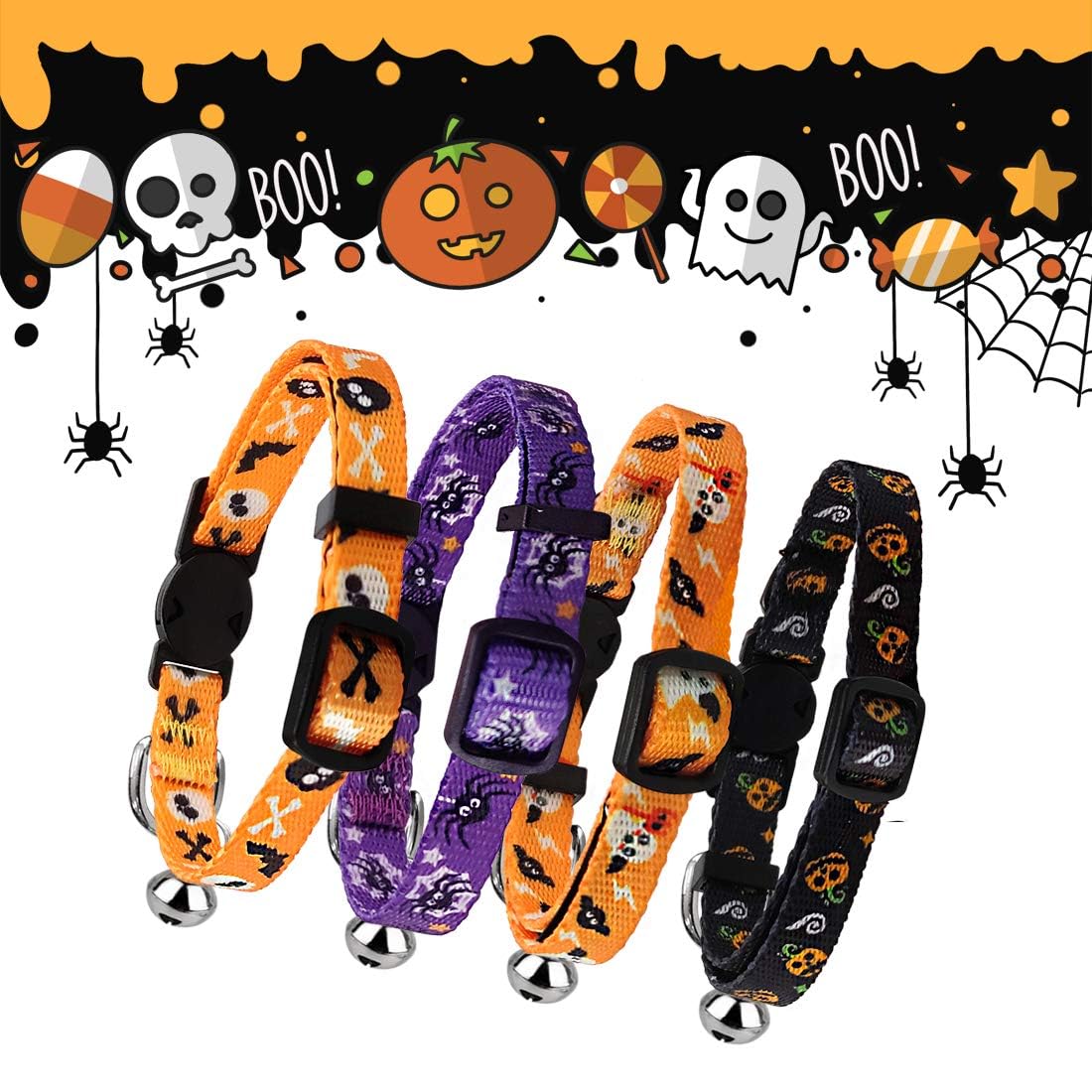 Azuza 4 Pack Halloween Kitten Collars Breakaway With Bells, Adjustable Cat Collars With Safety Buckle,Adjustable From 6'-8', Skull And Crossbones,Ghosts, Spider And Pumpkin Prints