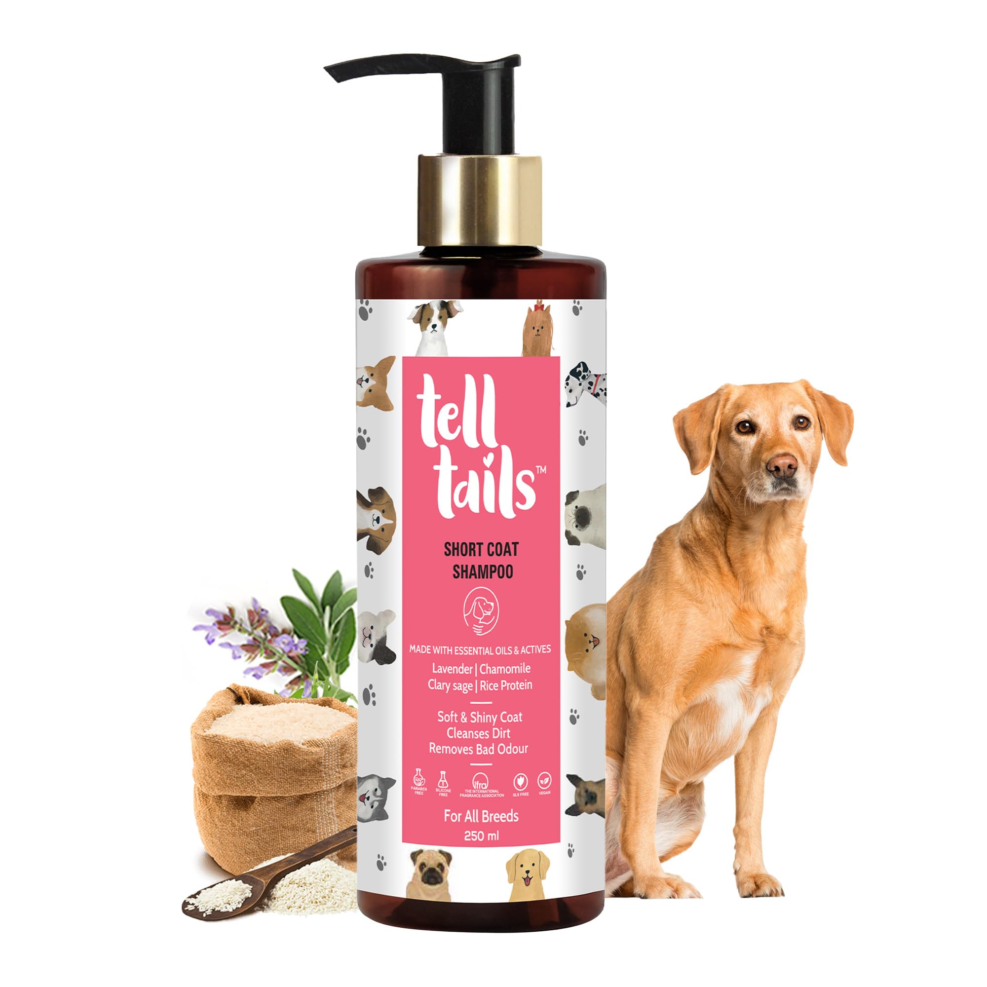Tell Tails Short Coat Dog Shampoo - 250Ml - Cleanses, Nourishes & Deodorizes - Clary Sage, Lavender & Rice Protein - Hydrates & 