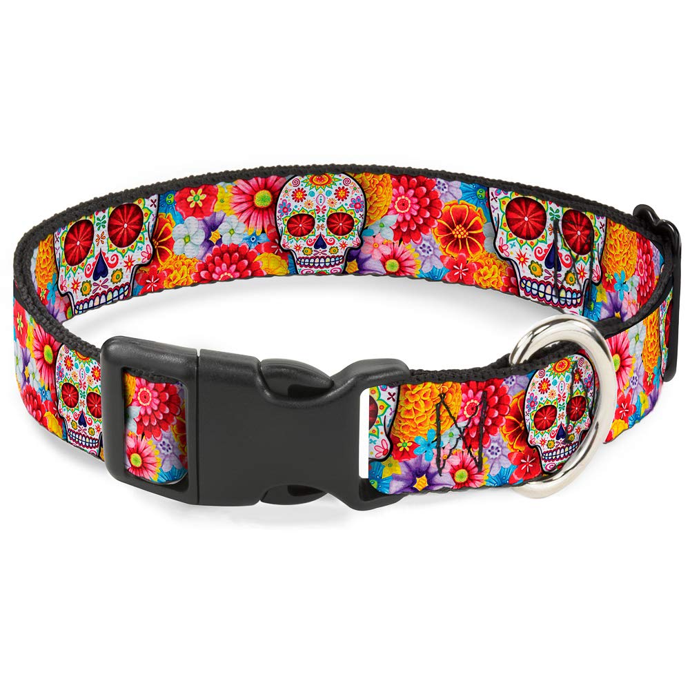 Buckle-Down Plastic Clip Collar - Sugar Skull Starburst White/Multi Color - 1' Wide - Fits 11-17' Neck - Medium