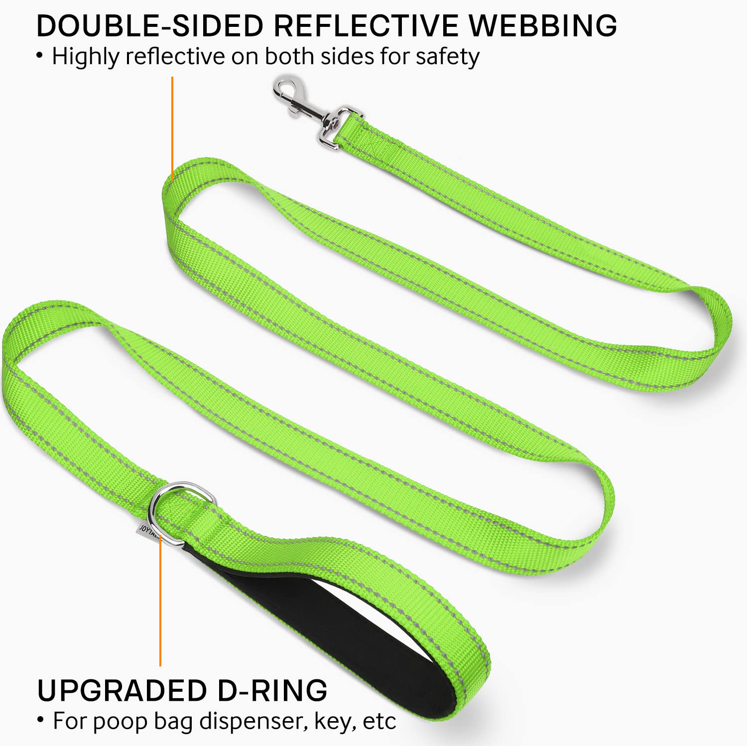 Joytale Double-Sided Reflective Dog Leash, 6 Ft/5 Ft/4 Ft, Padded Handle Nylon Dogs Leashes For Medium & Large Dogs Walking, Green, 6Ft