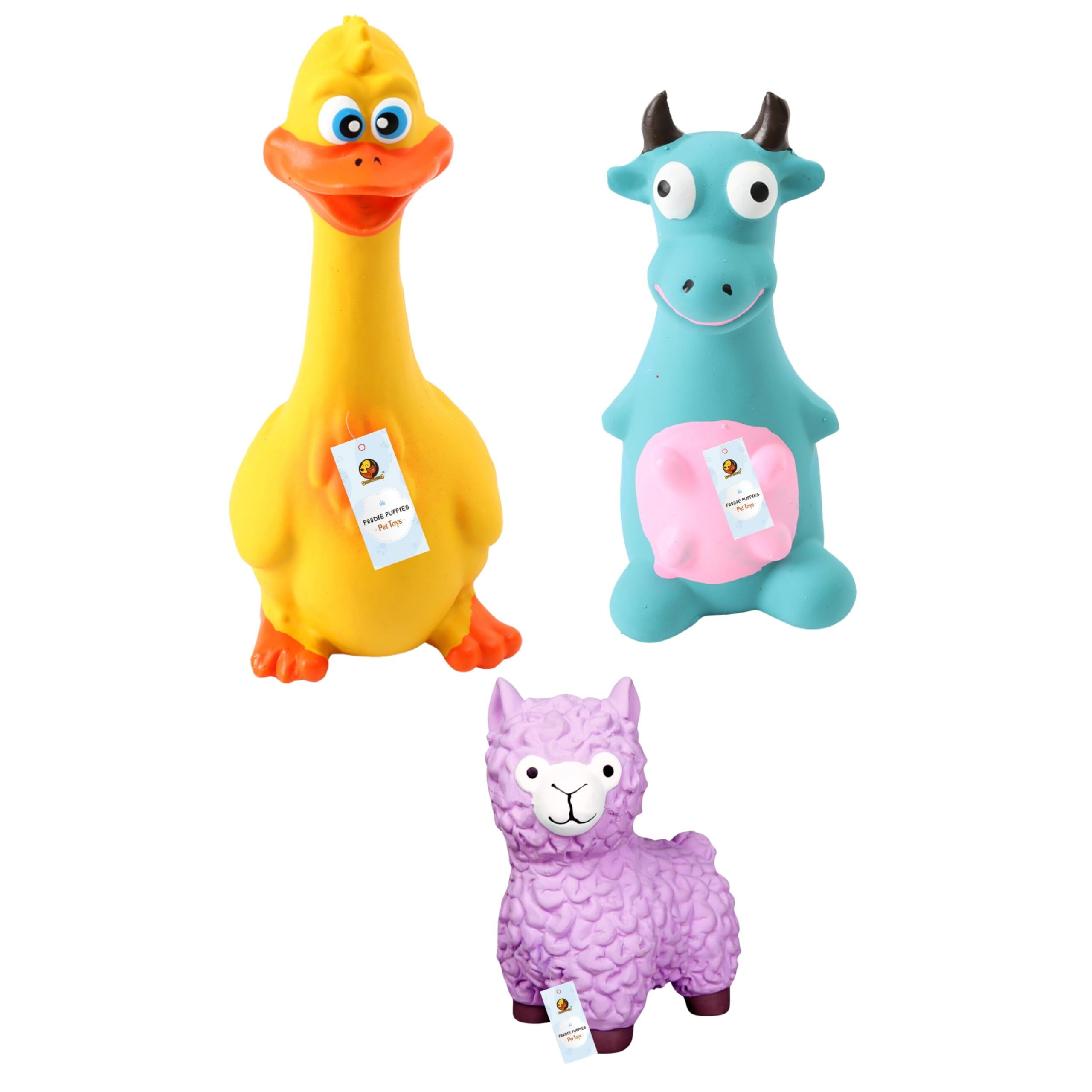 Foodie Puppies 3In1 Combo Of Latex Dog Squeaky Toy (Blue Bull, Pink Sheep & Yellow Duck) For Small Dogs & Puppies | Interactiv