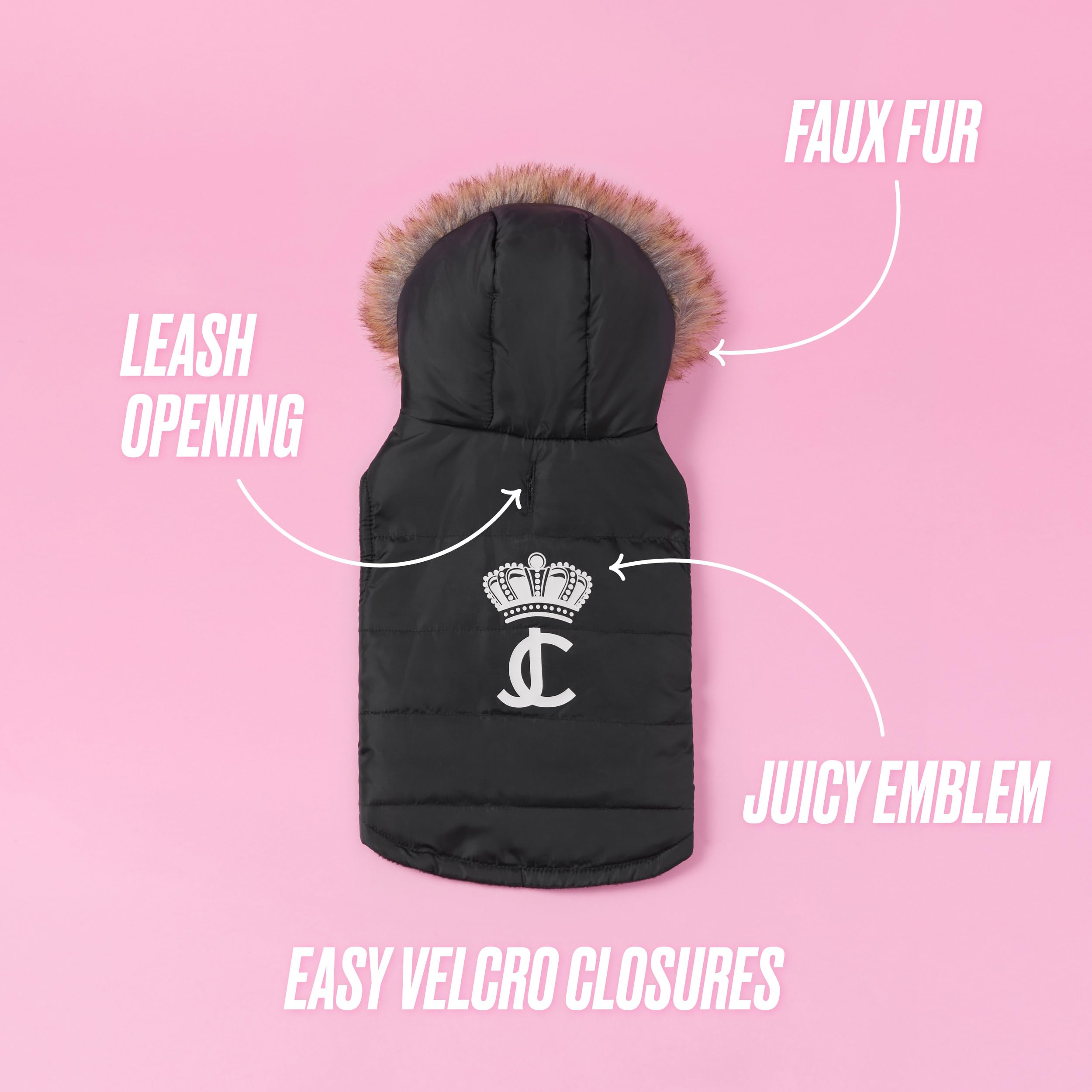 Juicy Couture Faux Fur Hooded Pet Jacket - XS/S - Black - Stylish & Cozy for Dogs and Cats