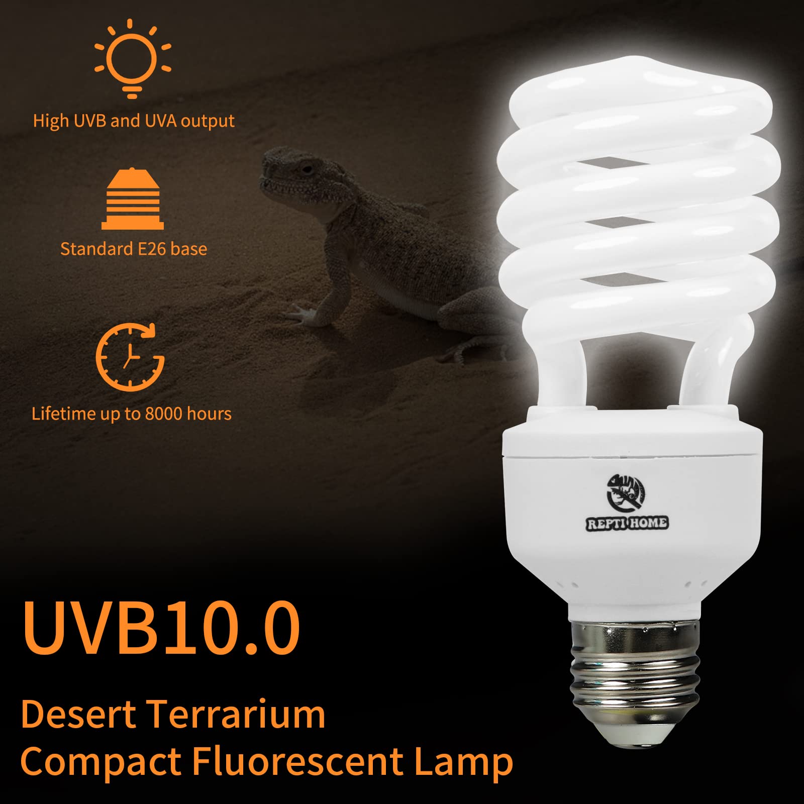 REPTI HOME UVB Reptile Light 10.0 - 26W Desert UVA UVB Bulb for Bearded Dragons, Lizards, Tortoises, Snakes, and Ge