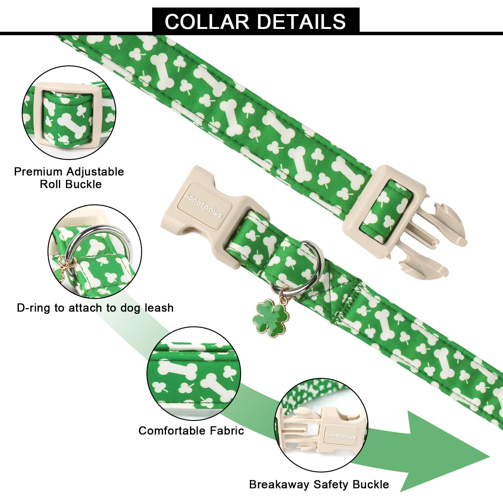 Lionet Paws St. Patrick Dog Collar- Cute Clover Bone Green Dog Collars With Plastic Buckle, Light Adjustable Dog Collars With Cl