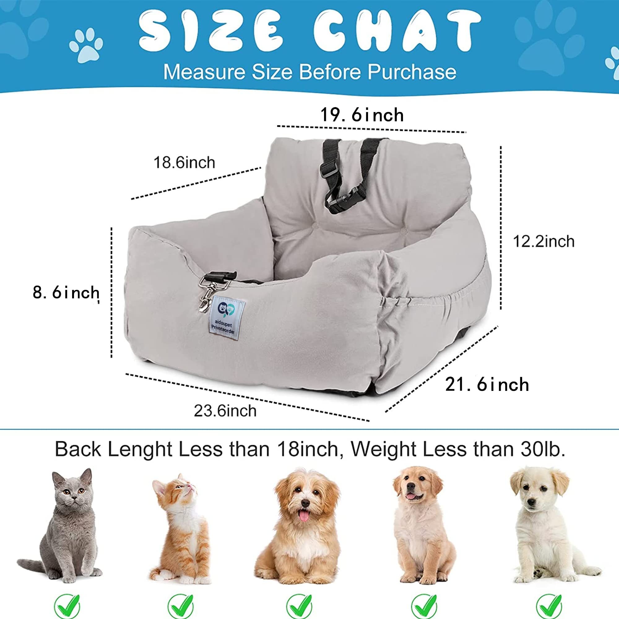 Aidou Dog Car Seat, Booster Seat for Small Medium Large Dogs, Cotton, Midium Grey, Dual-use for Car and Home