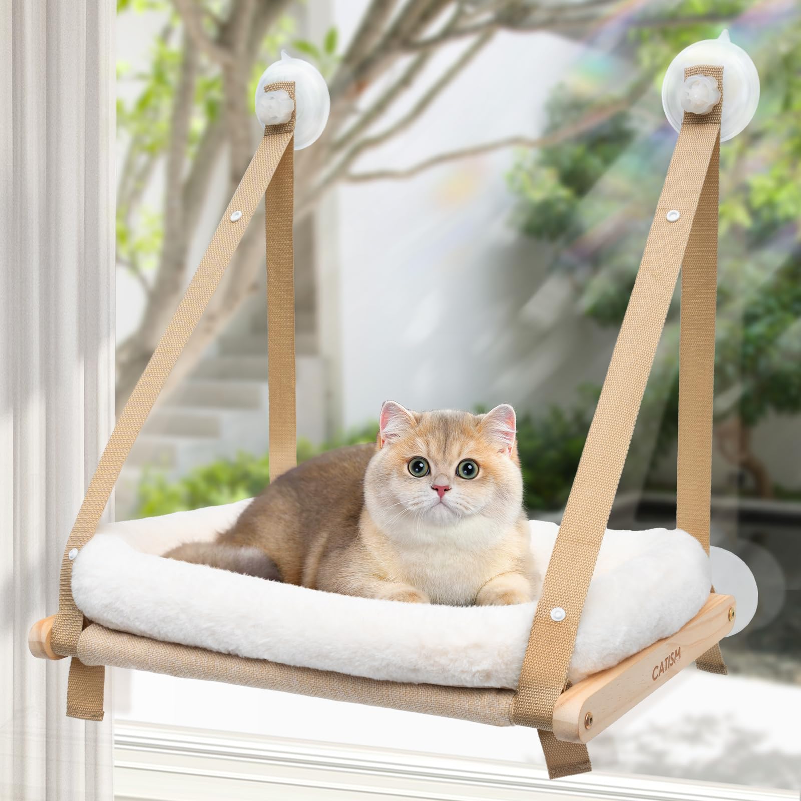 CATISM Cat Window Perch - Hammock - Window - Seat - Home - Cat Bed for Small to Medium Indoor Cats, Wooden, Machine Washable Cov