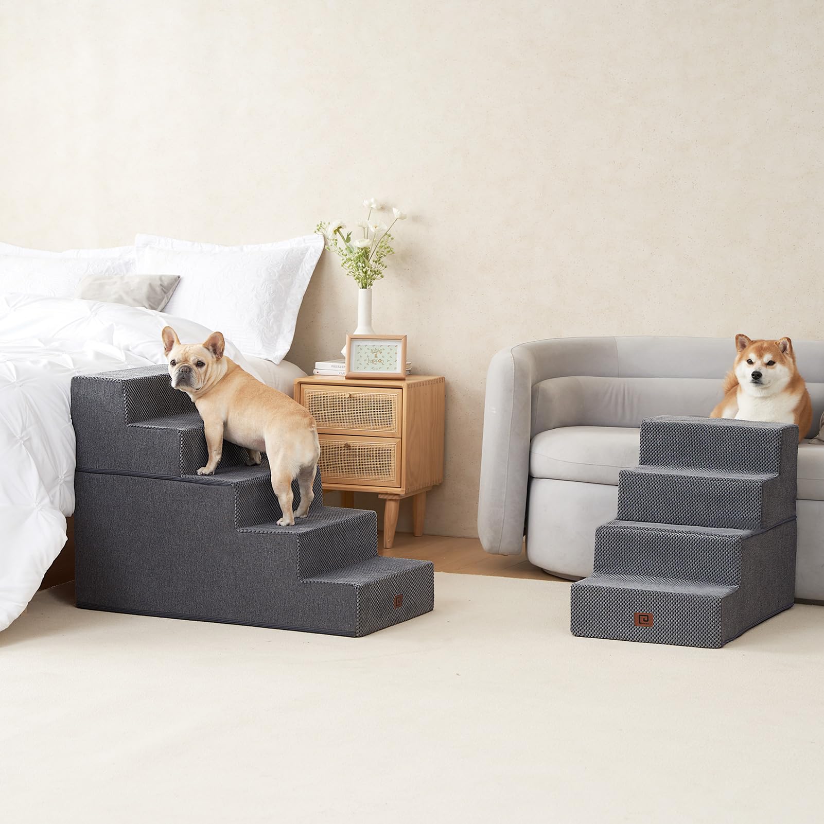 Eheyciga Dog Stairs For High Bed 25”H, 5-Step Extra Wide Dog Steps For Bed, Pet Steps For Small Dogs And Cats, Non-Slip Balanced Dog Indoor Ramp, Grey