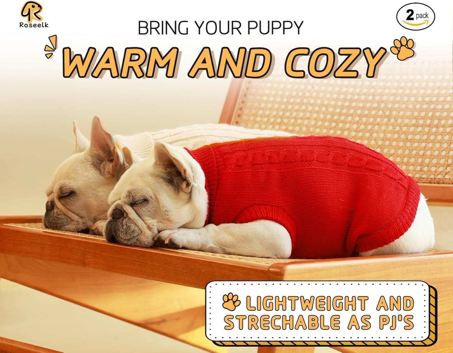 Roseelk 2 Pack Dog Sweaters For Small Dogs - Puppy Medium Warm Clothes In Winter, Turtleneck Pullover Design For Boy Girl Pet, Doggie, Cat, Kitten Chihuahua Bulldog Pug Beagles (2Xl, Red, Beige)