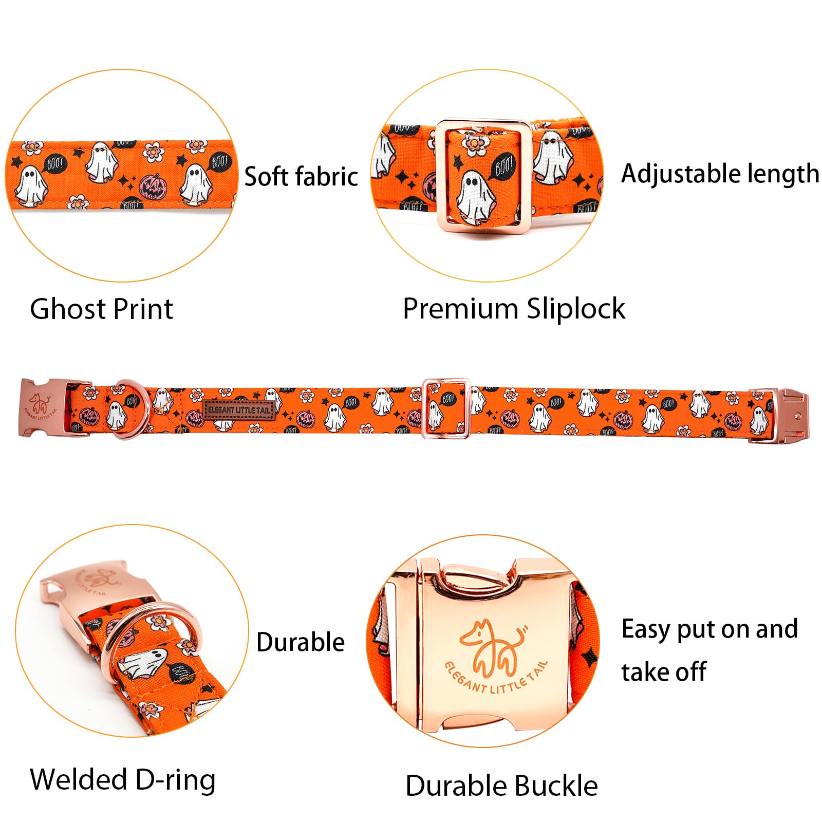 Elegant Little Tail Halloween Dog Collar - Pumpkin Print, Cotton With Metal Buckle, Adjustable For Medium Dogs