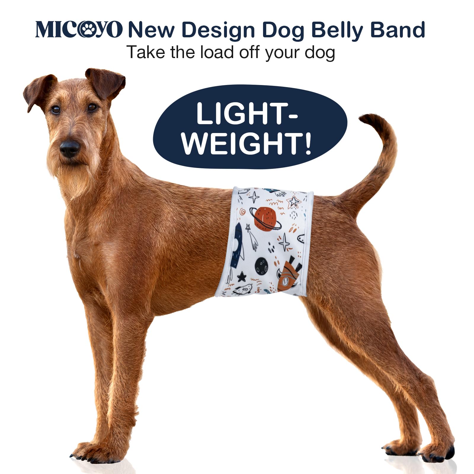 MICOOYO Male Dog Diaper Wraps - Washable Belly Bands for Medium Dogs (12''-14'') - Star Space, White Black Blue, Model DB01