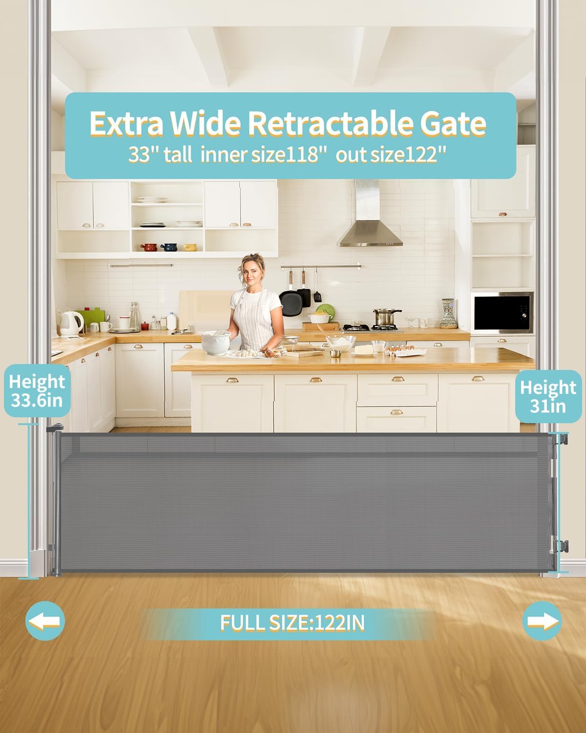 Retractable Baby Gate for Stairs - 33    Height, Expands up to 118    Width - Safety Gate for Infants, Toddlers, Dogs & Pets - E
