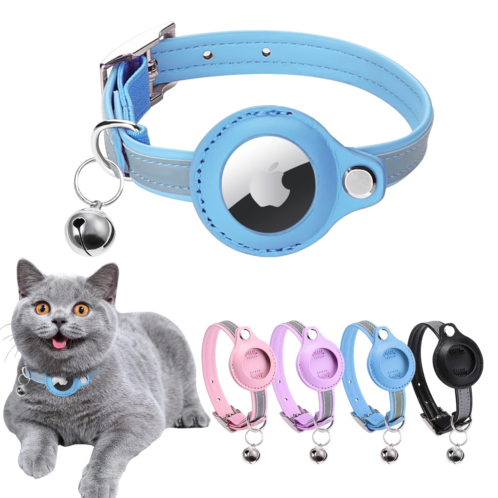 Airtag Cat Collar, Cat Collar With Bells, Reflective Gps Cat Collar, Cat Tracker Collar Leather Cat Collar For Cats (Blue-M (Blue, Xs(7.5-10.2'))