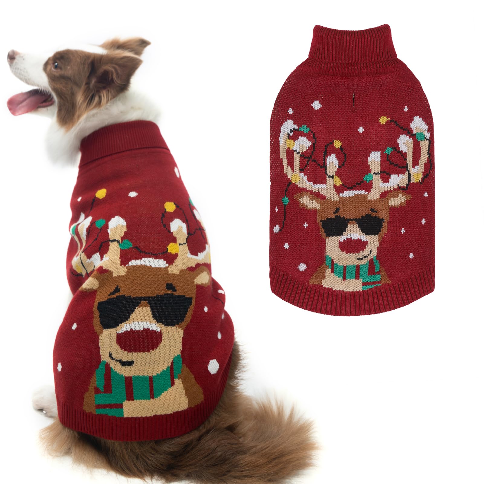 Pawchie Christmas Dog Sweater Turtleneck Outfit With Leash Hole, Knitted Pet Winter Warm Clothes For Small Medium Dogs Boy Girl