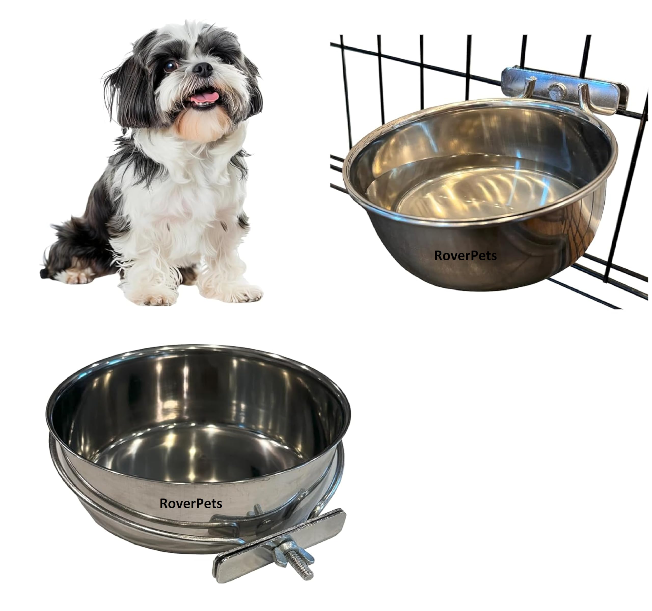 Roverpets Coop Cup Bolt Clamp  Stainless Steel Hanging Bowl For Crate, Removable Pet Feeding Dish, Easy Installation, ChewProo