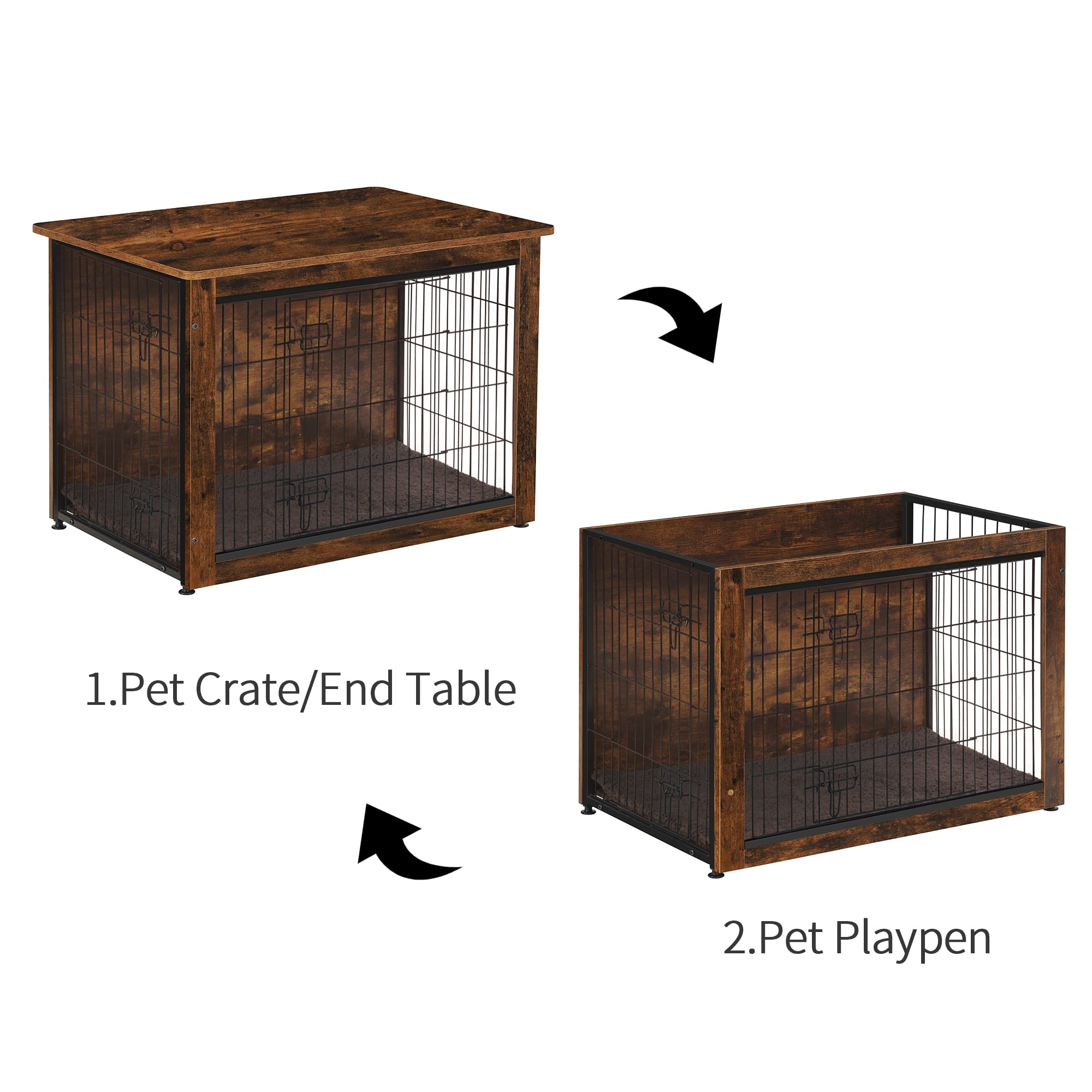 Dwanton Dog Crate Furniture With Cushion, Wooden Dog Crate Table, Double Doors Dog Furniture, Indoor Dog Kennel, Dog House, Dog Cage Large, 38.5' L, Rustic Brown