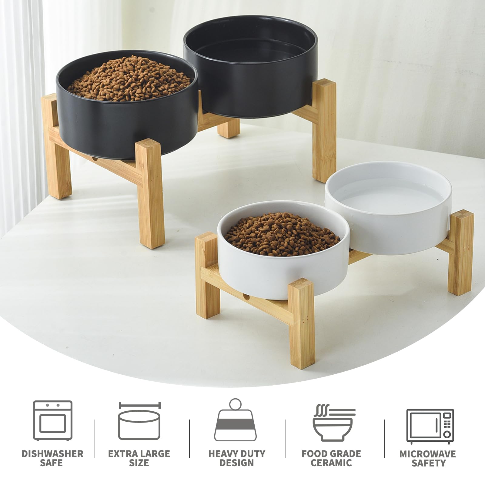 Welloyed Elevated Ceramic Dog Bowl Set - Raised Dog Bowls with Non Slip Bamboo Stand, Food and Water Bowl Set for Kitty, Cats an