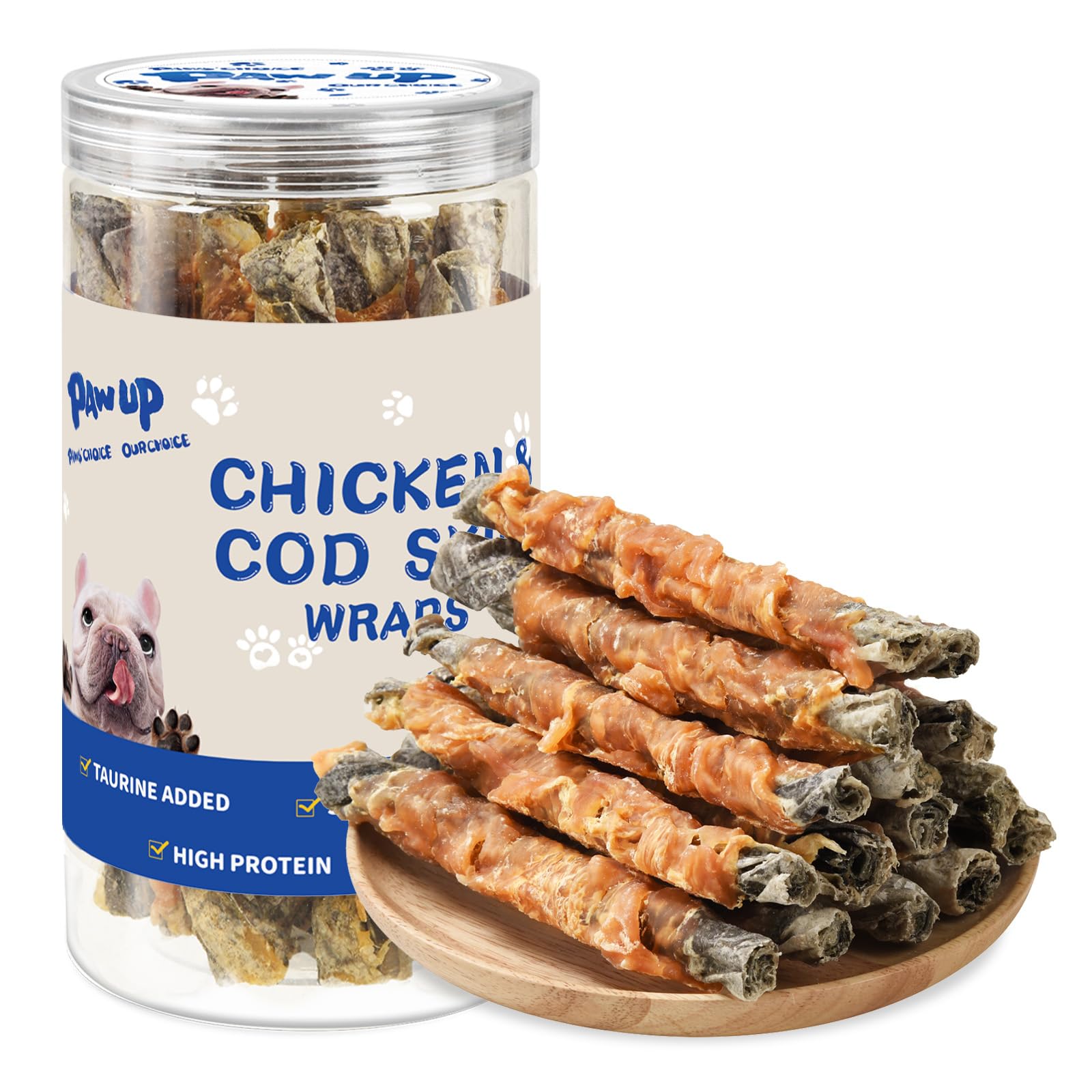 PAWUP Dog Treats - Chicken Wrapped Cod Skins, Rawhide-Free Fish Chews for Medium Dogs, 12.5 oz