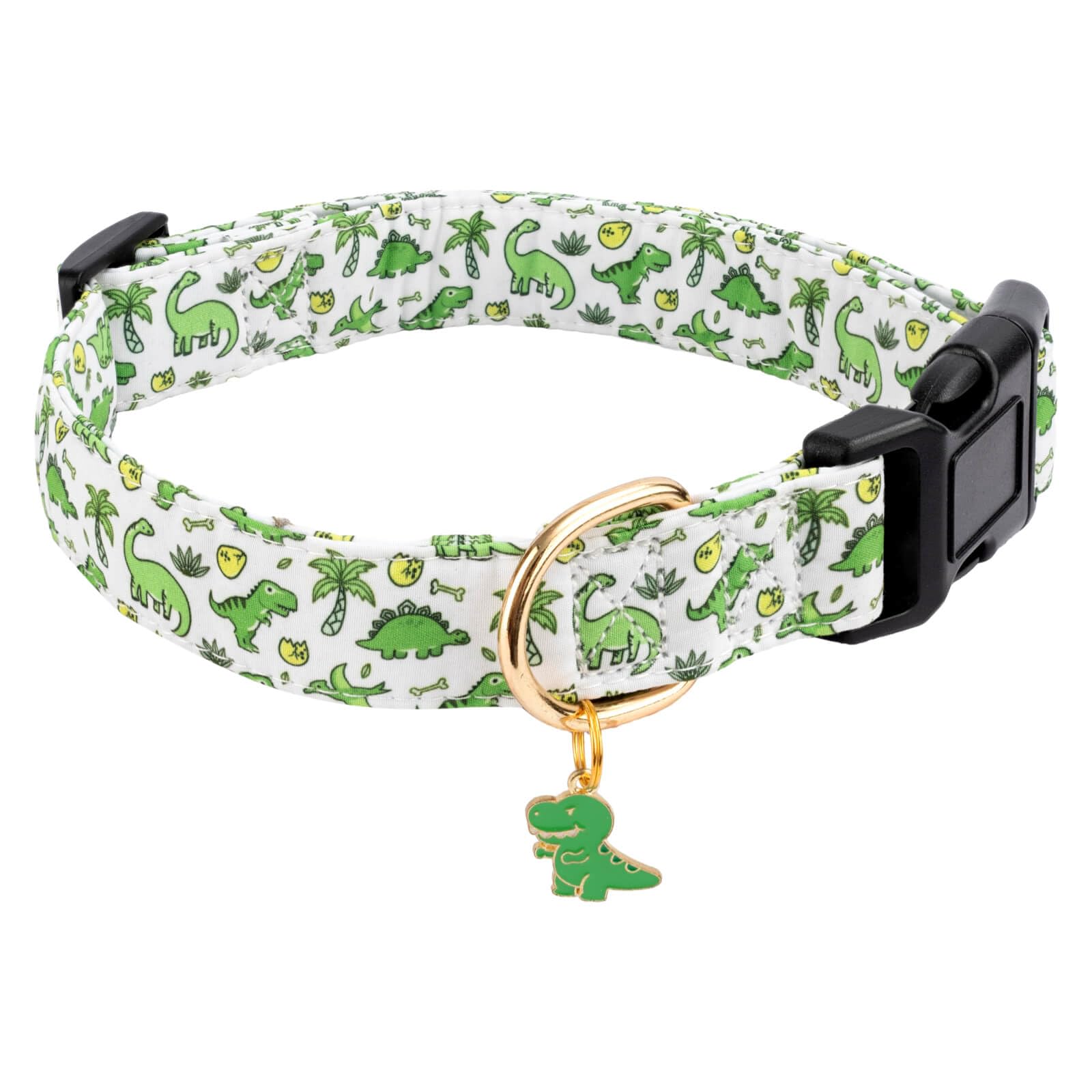 Gelwoo Cotton Dog Collar,Soft and Cute Puppy Collars with Green Dinosaur Patterned Design for Girl Female Boy Dogs,Adjustable Bu