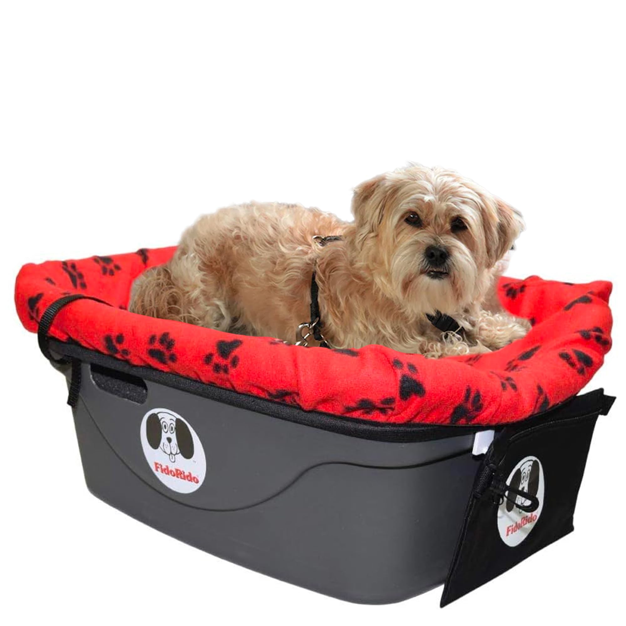 FidoRido Dog Car Seat - Small Harness Booster Seat, Red with Black Paw Prints, Comfortable Cushions and Safety Straps for Travel