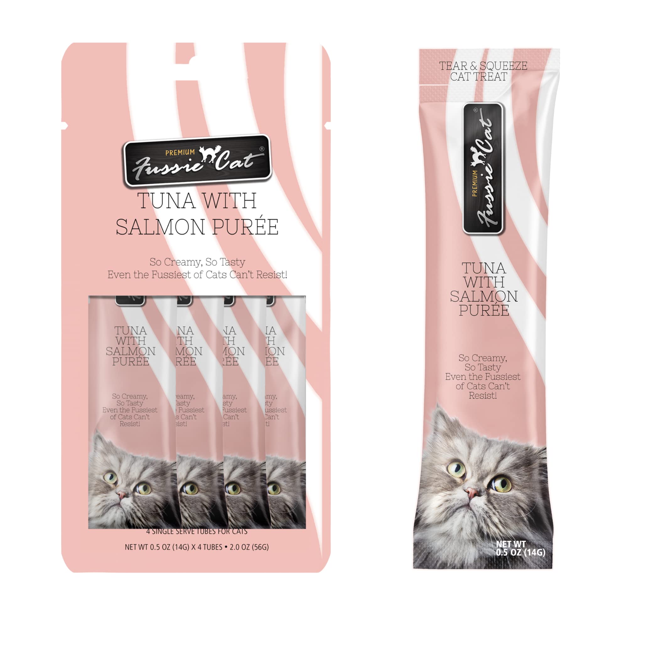 Fussie Cat Tuna with Salmon Puree Lickable Cat Treats, 0.5oz Pouch, Pack of 4, Grey