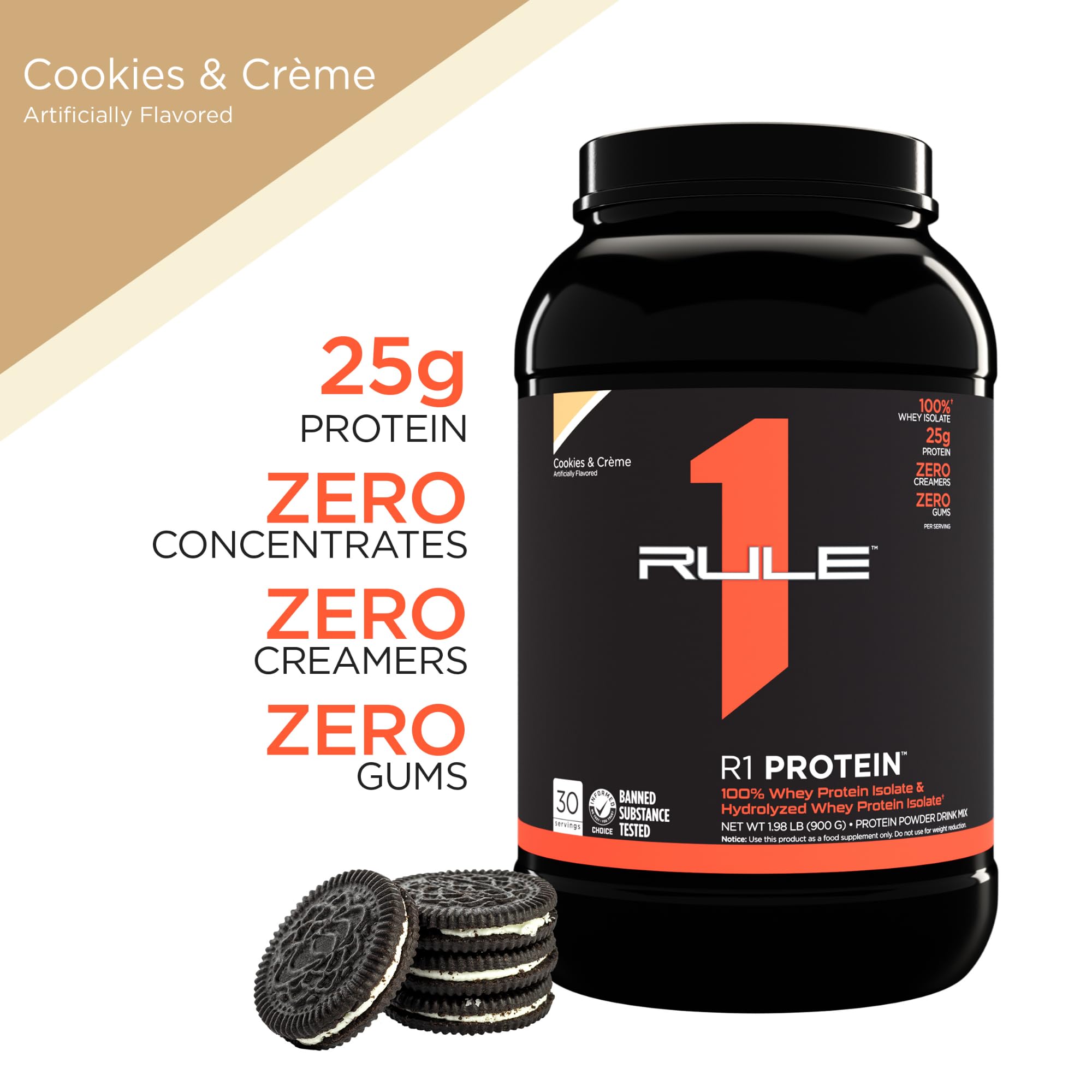 Rule One Proteins, R1 Protein- cookies  crAme, 25g Fast-Acting, Super-Pure 100 Isolate and Hydrolysate Protein Powder with 6g Bc