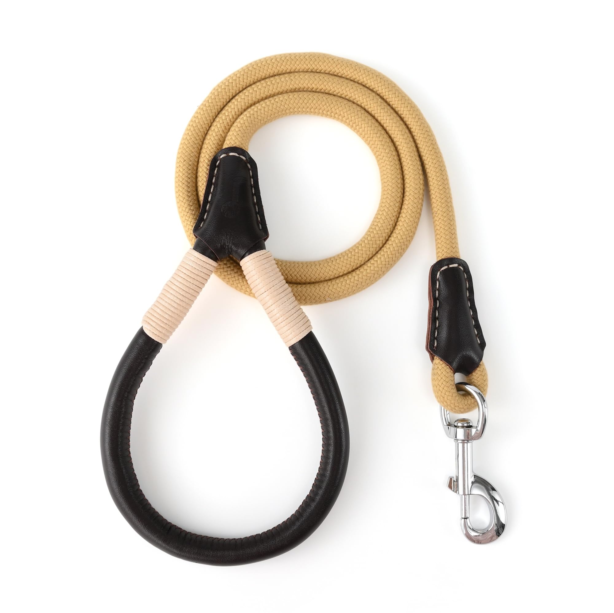 Mile High Life Genuine Leather Wrapped Handle Dog Leash, W Heavy Duty Clasp Rope Leash For Small Medium Large Dogs (Yellow, 4Ft)