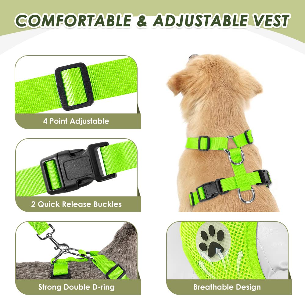 Slowton Dog Car Harness Seat Belt Set, Dog Vest Harness Adjustable Mesh Breathable & Vehicle Safety Seatbelt Tether With Elastic Bungee For Small Medium Large Pets (Lime Green, S)