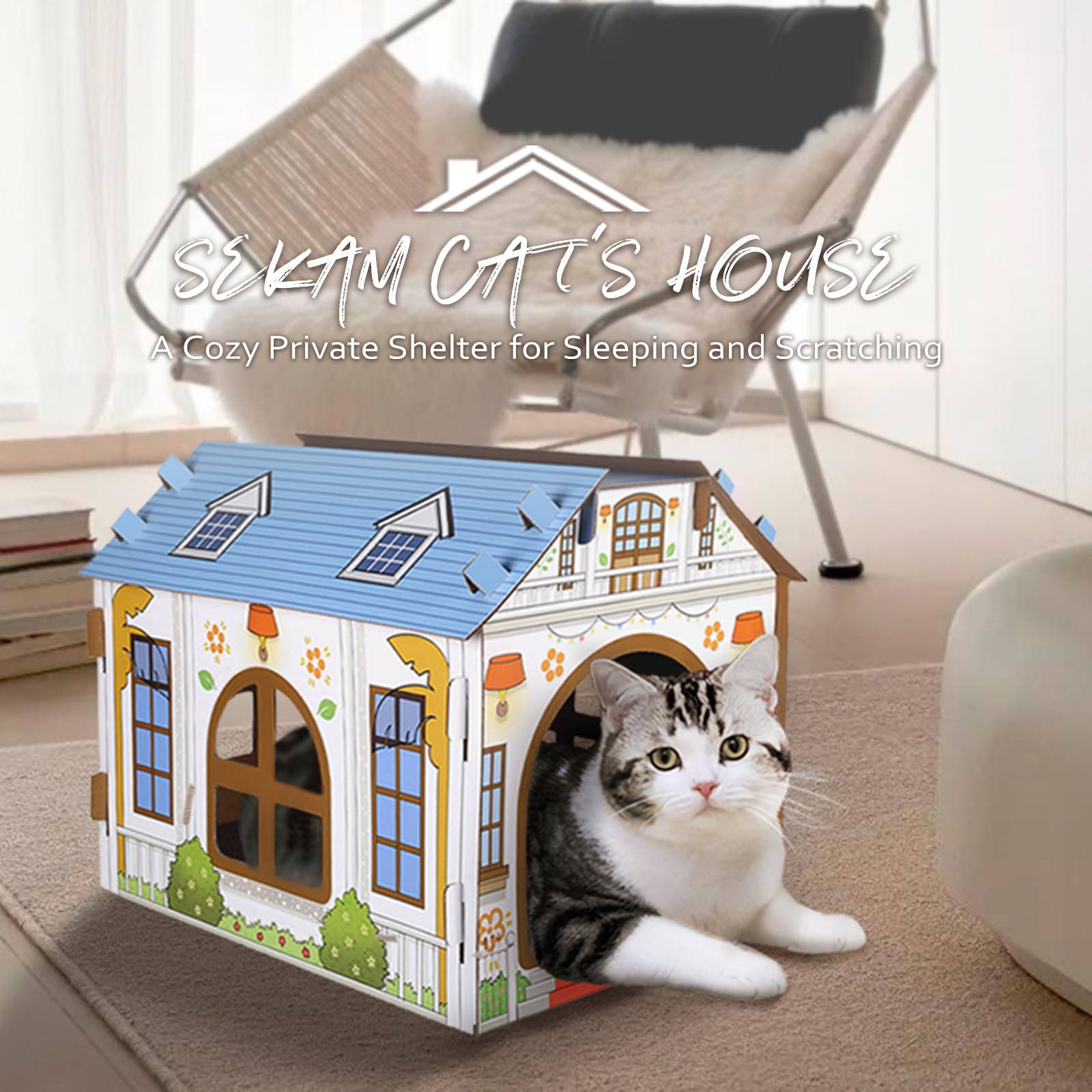 Sekam Cardboard Cat House With Scratcher/Catnip, (16.5''L X 12''W X 13''H) Cat Play House For Indoor Cats, Cat Scratching Toy, Cat Hideaway Furniture For Cat Birthday, Hideout For Bunny Small Animals