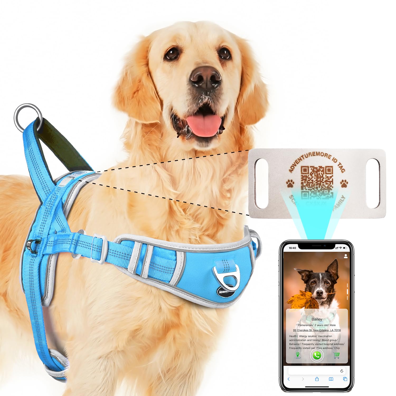 Adventuremore Small Dog No Pull Harness With Qr Code Tag, Adjustable Reflective Vest, Escape Proof With Front Clip Handle For Tr