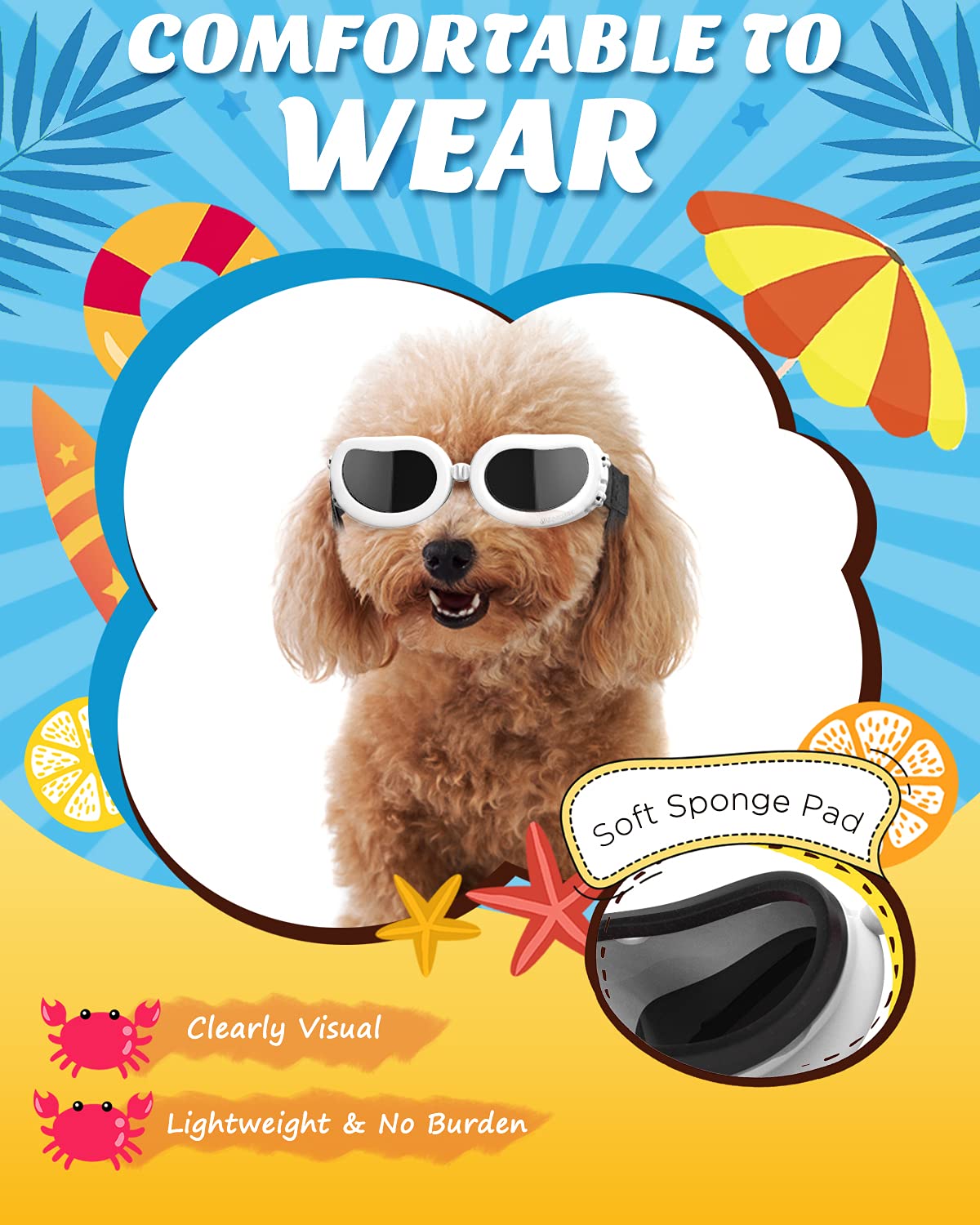Lewondr Small Breed Dog Goggles - Uv Protection Sunglasses With Adjustable Strap, Windproof, Anti-Fog For Small Dogs, White