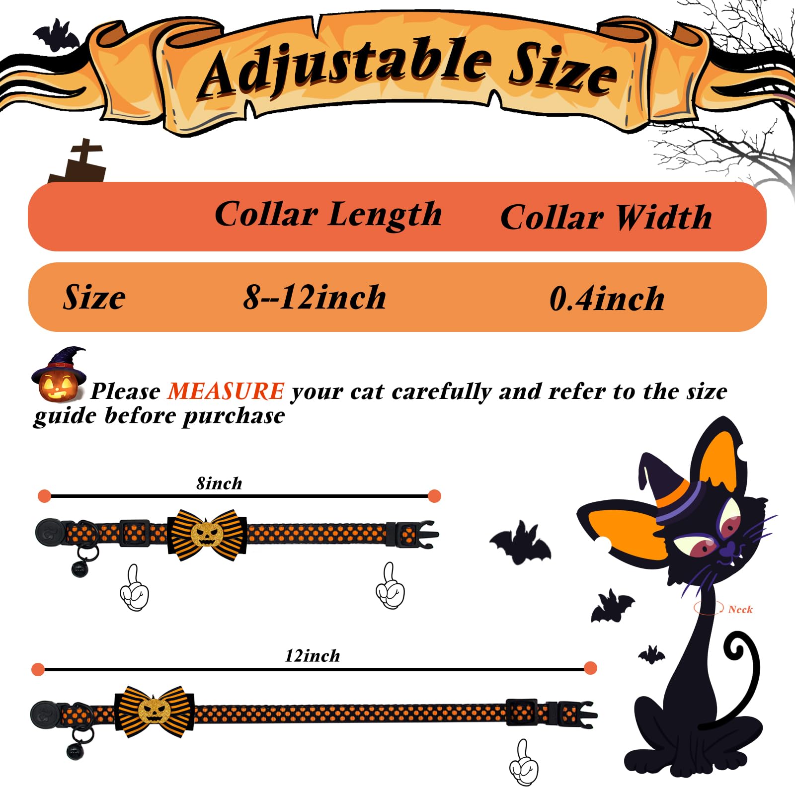 Azuza Halloween Cat Collar Breakaway With Bell 2 Pack Bow Tie Cat Collar With Cute Sequined Pumpkin & Spider Cat Collar For Halloween Party Adjustable From 8' - 12'