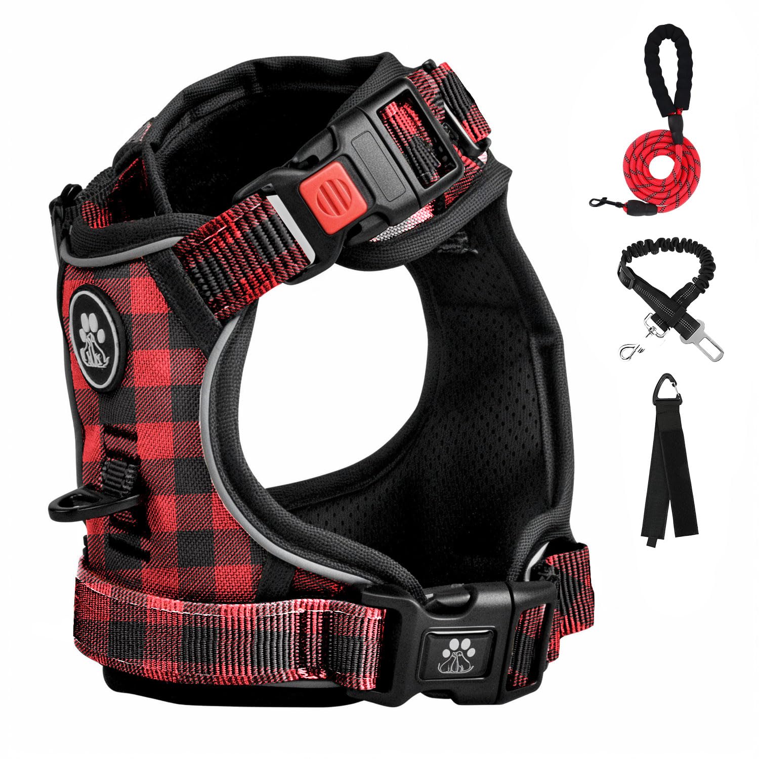 Furryfection Plaid Dog Harness For Extra Large Dogs, No Pull Reflective Pet Harness, No Choke Vest Harnesses With Leash, Easy Control Handle, Adjustable Front Lead & Seat Belt, Red & Black,Xl