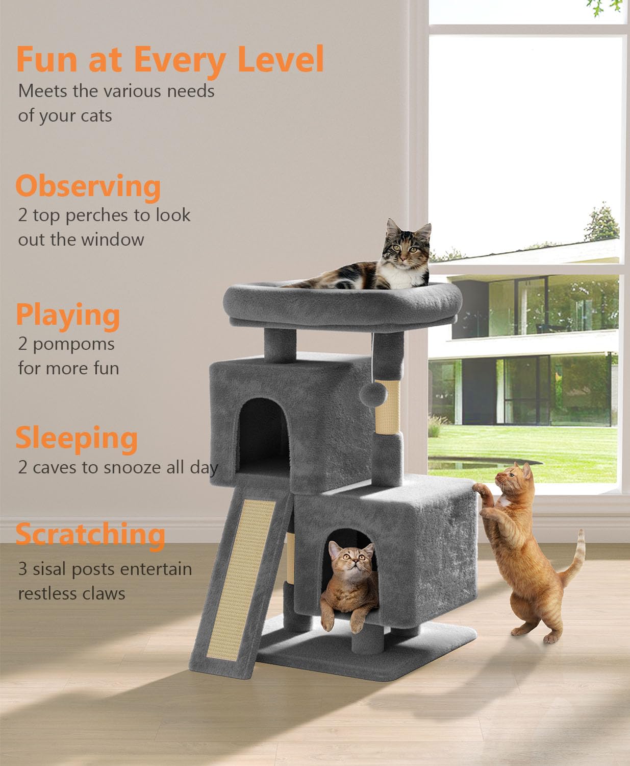 Os Motor Cat Tree Tower For Indoor Cats Large Adult,Cute/Tall Modern Cat Tree For Big Cats 20 Lbs,34''Plush Multi-Level Cat Cond