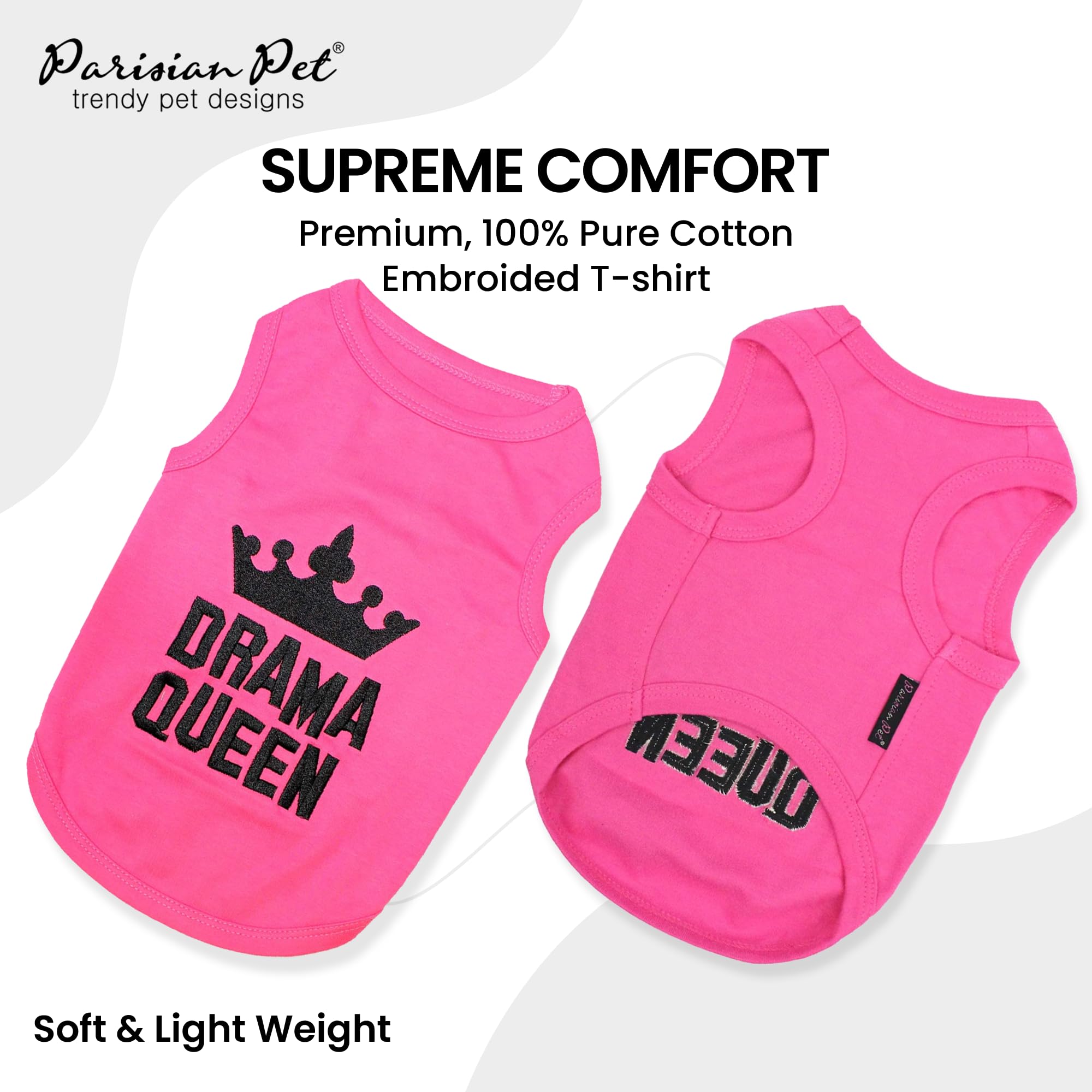 Parisian Pet Dog Tshirt - Embroidered “ Drama Queen “ Dog Shirt - Breathable And Lightweight Dog Clothes - Sleeveless Pink Dog Tee Shirts - Machine Washable Dog Shirts For Small Dogs Girl - Xxs