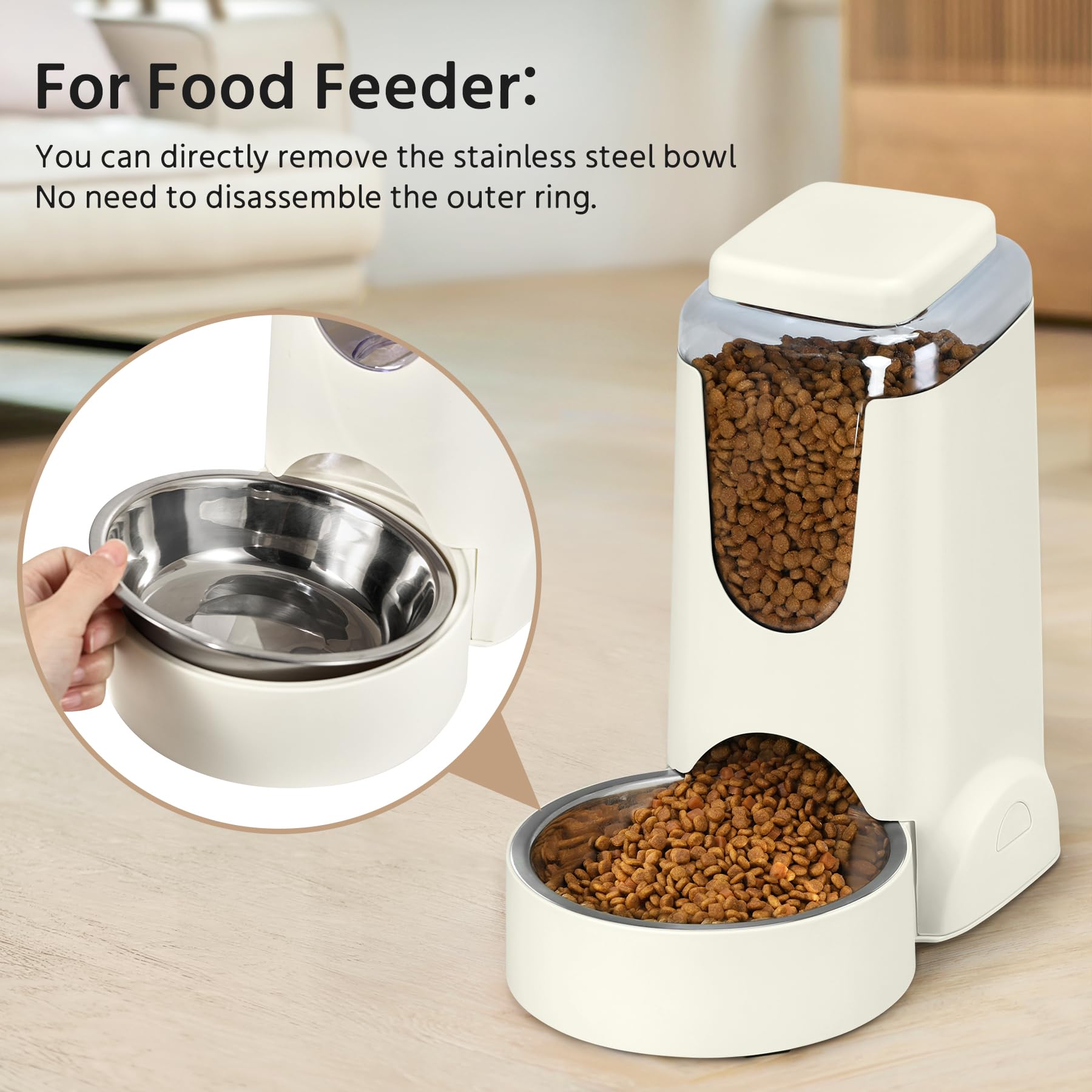 WyfKyd 2 Pack Automatic Cat Feeder & Stainless Steel Dog Water Dispenser, 1 Gallon x 2, Ivory White
