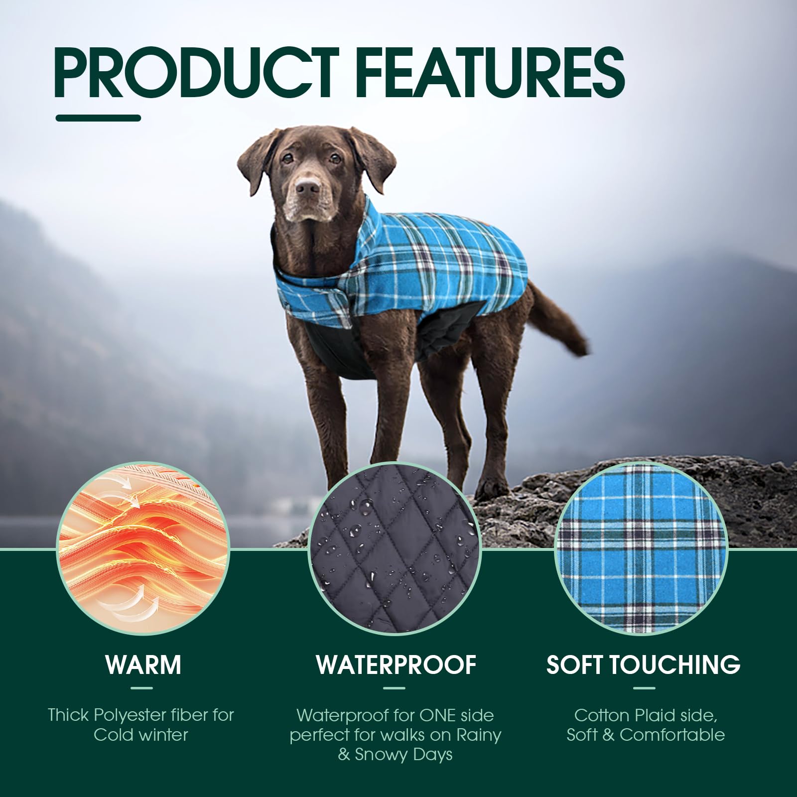 Kuoser Warm Dog Coat, Reversible Dog Jacket Waterproof Dog Winter Coat British Style Plaid Dog Clothes Pet Dog Cold Weather Coats Cozy Snow Jacket Vest For Small Medium Large Dogs Yellow 3Xl
